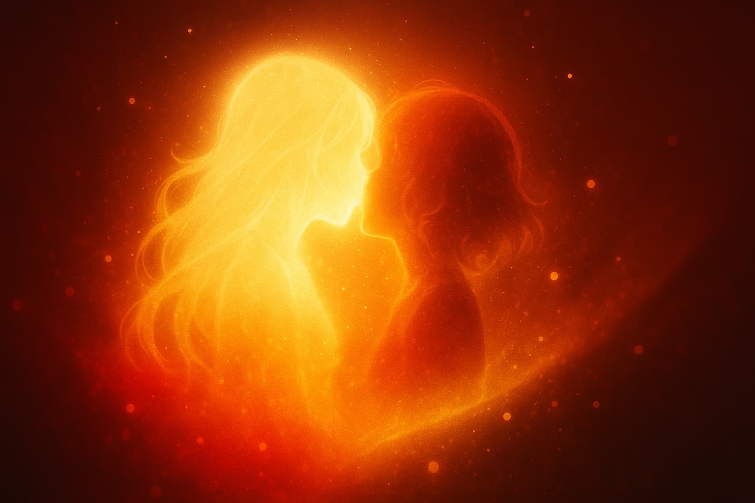 赤と金の光に包まれた2つの抽象的なシルエットが寄り添う幻想的な構図。リゼロ3期のプリシラとリリアナのキスシーンを象徴的に表現したブログ用アイキャッチ画像。