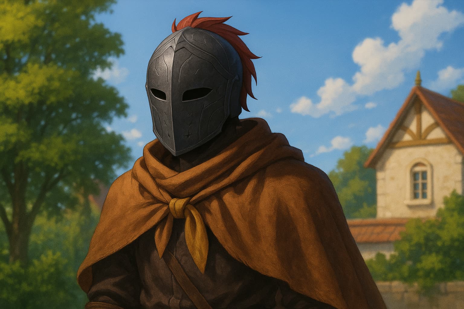 赤いマントを羽織った黒仮面の旅人が、ファンタジー都市の街路に立つ様子。明るい空の下で佇む姿が、リゼロのアルを連想させる静かな雰囲気のイラスト。