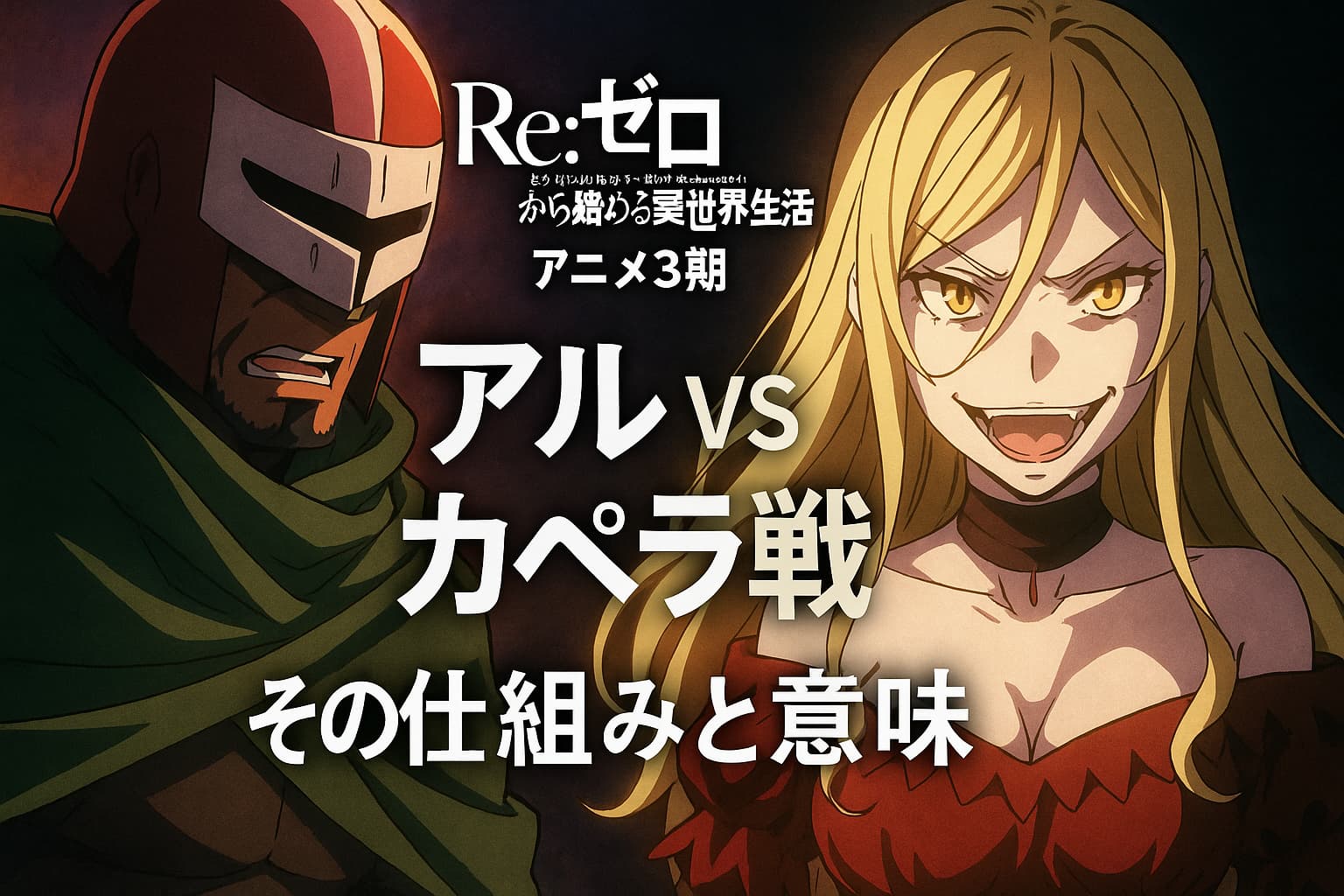 リゼロ アニメ3期のアルデバランとカペラの戦闘をイメージしたファンタジー風イラスト。黒い仮面のアルが剣を構え、背後に炎をまとったカペラが対峙する構図。アル対カペラの戦い・権能・不死性を象徴するビジュアル