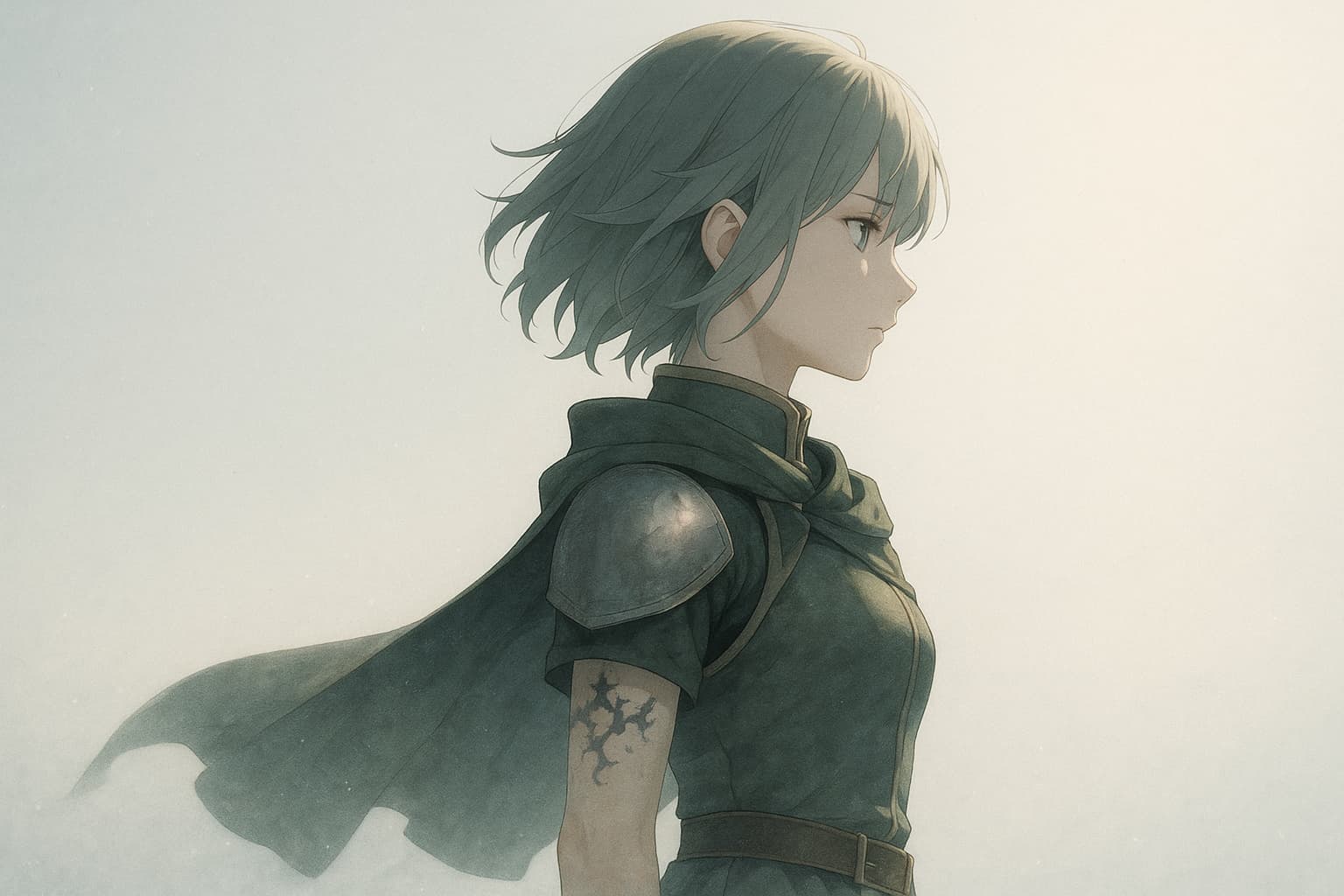 薄明の空を背景に、短髪の女性騎士が横向きに立つ姿。腕には黒い紋様のような“呪い”が浮かび、静かな雰囲気で運命に向き合う様子を描いたイラスト。