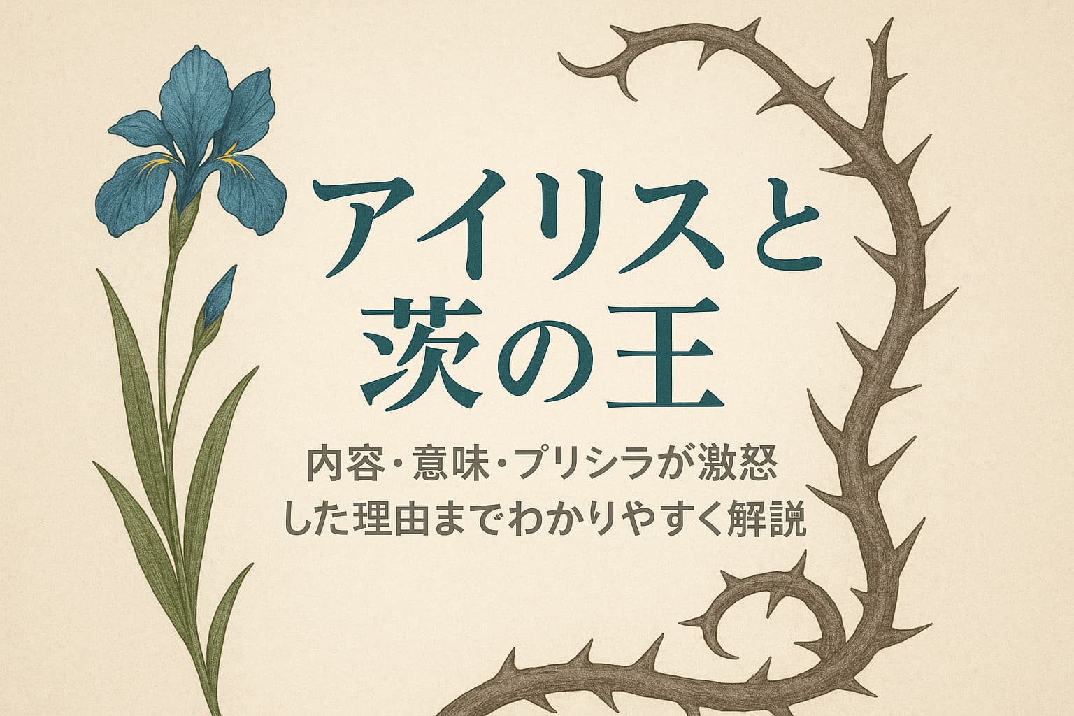 『アイリスと茨の王』のタイトルと、物語を象徴する青いアイリスの花と茨のモチーフを描いたアイキャッチ画像。リゼロの伝承とプリシラ関連の解説記事用。