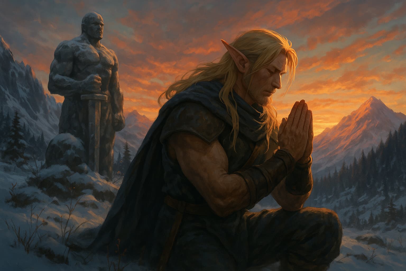 雪山の中、夕焼けを背にひとり祈るエルフの戦士。彼の背後には風化した石像が静かに佇み、幻想的な空気に包まれた信仰と記憶の風景
