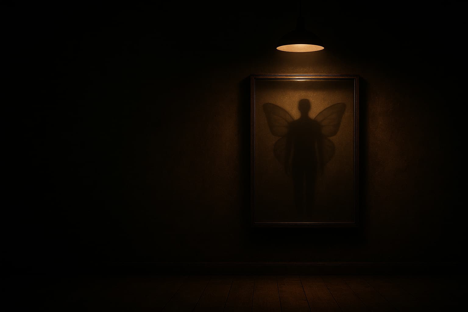 薄暗い部屋の壁に吊るされたガラスケースの中で、蝶の羽を持つ人影のシルエットがぼんやり浮かぶ不穏なアート作品。“人間標本”のテーマを象徴するミステリー調のイメージ