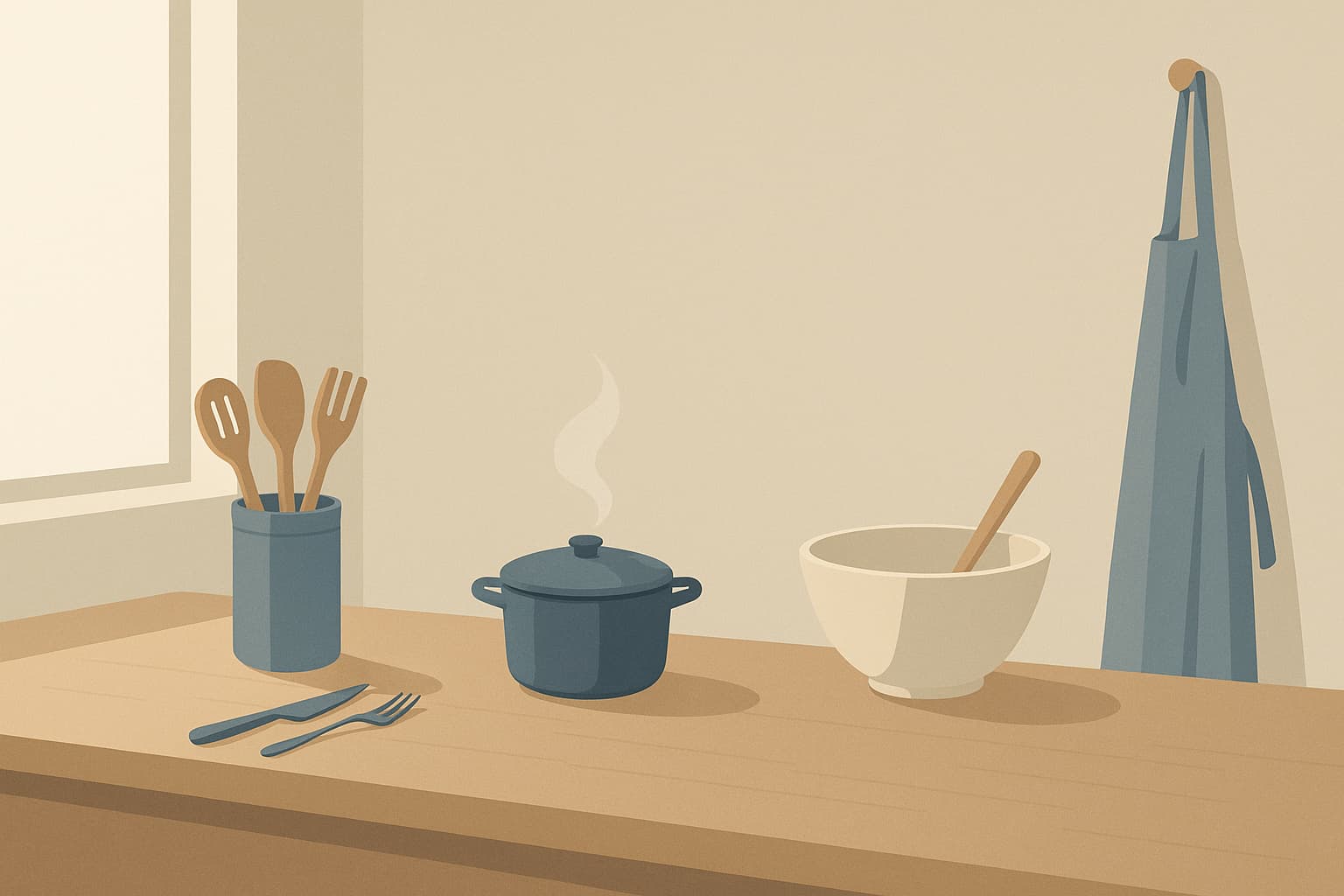 TBSドラマ『じゃあ、あんたが作ってみろよ』の家事テーマを表す、鍋と調理器具が並ぶシンプルなキッチンイラスト。