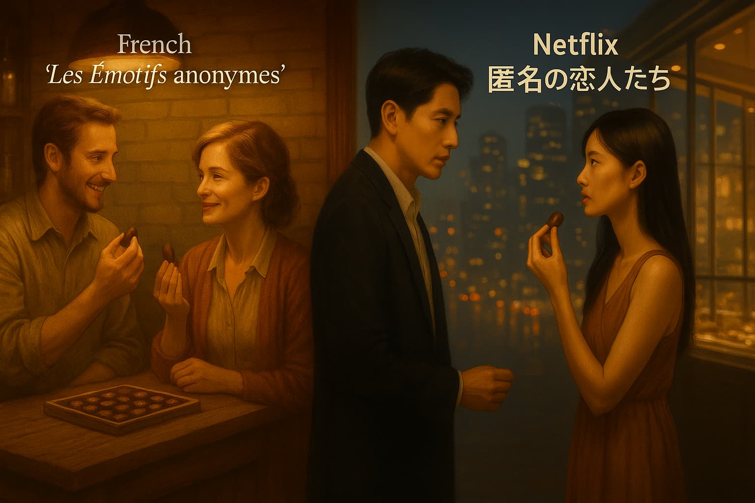 フランス映画『匿名レンアイ相談所』とNetflixドラマ『匿名の恋人たち』の対比イメージ。チョコレートを手にした二組の恋人が、暖かな工房と都会の夜景で向かい合う。