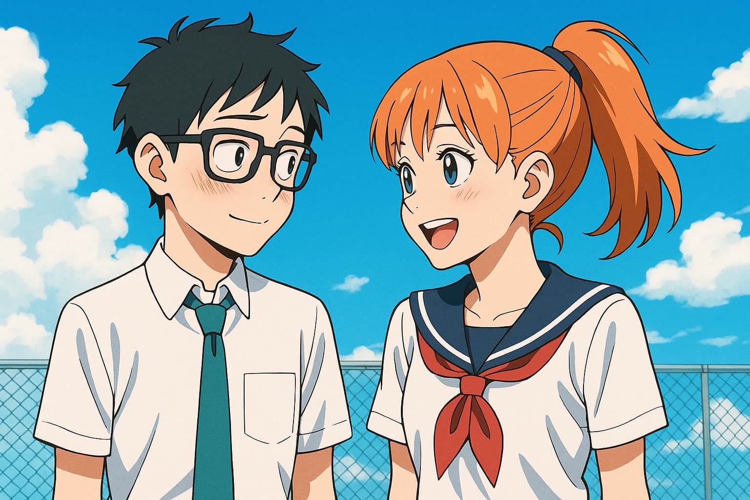 横長構図のアニメ風イラスト。夏の青空と白い雲を背景に、高校の屋上で立つ男女の高校生。黒髪で眼鏡をかけた男子（白いシャツと緑のネクタイ）が少し照れくさそうに微笑み、オレンジ色のポニーテールの女子（セーラー服）が楽しそうに話しかけている。二人の距離は近く、恋が芽生え始めた雰囲気が漂っている。