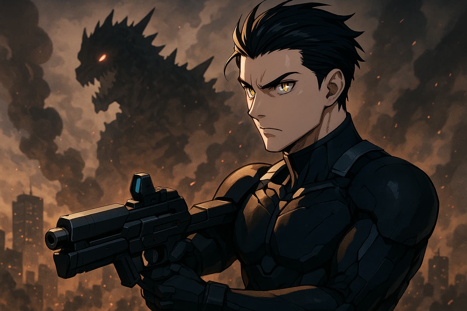 「黒髪の若い男性が鋭い眼光で前方を見据え、防衛隊スーツ姿で未来的な銃を構えている。背後には煙と炎に包まれた都市と、巨大な怪獣のシルエットが立ち上っているアニメ風イラスト。