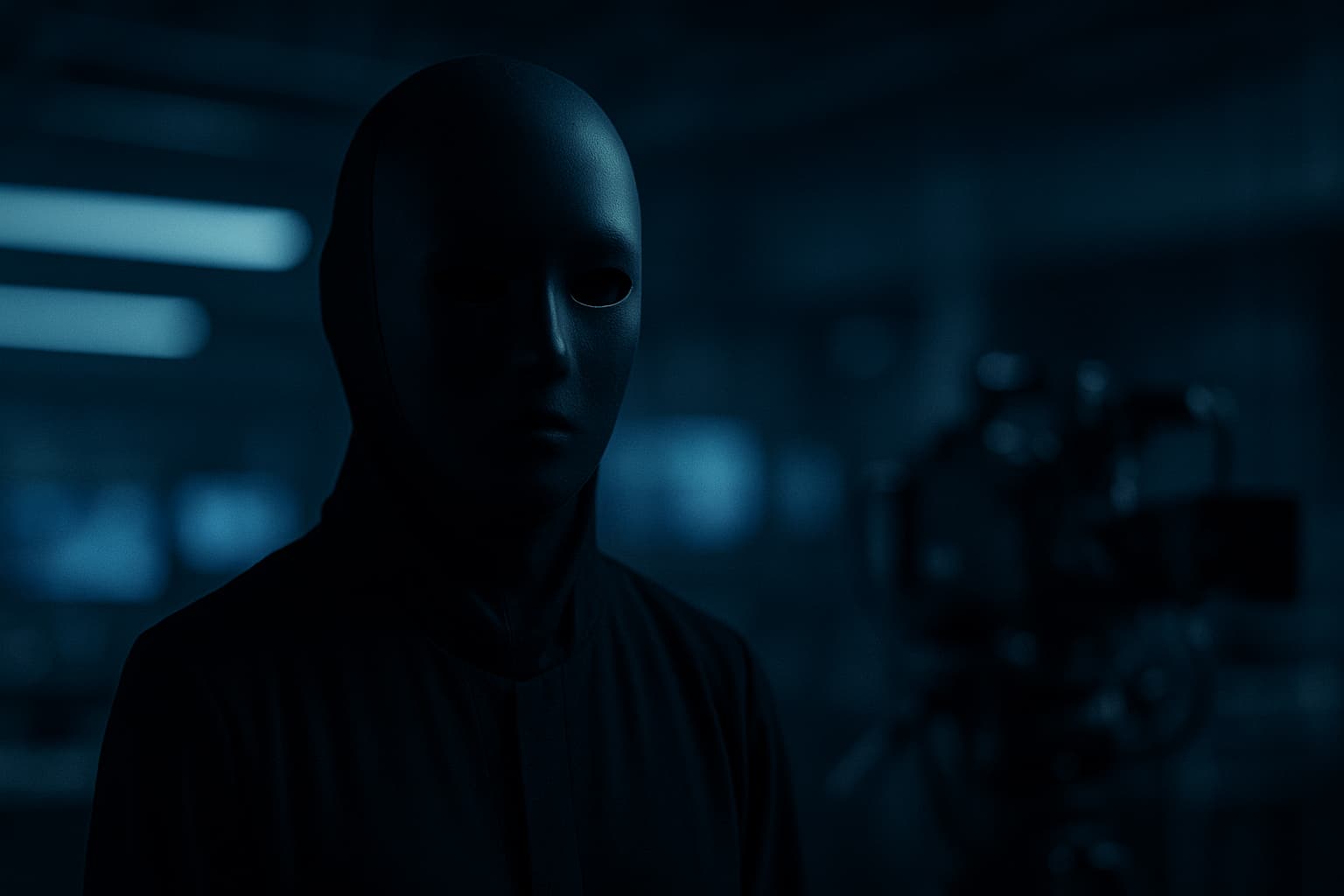 「暗いテレビ局の中で、黒い仮面をつけた人物が静かに立っている。背後には青白いライトとぼんやりした放送機材のシルエットが映り、全体がダークブルーと黒の緊張感ある色調で描かれている横長構図。