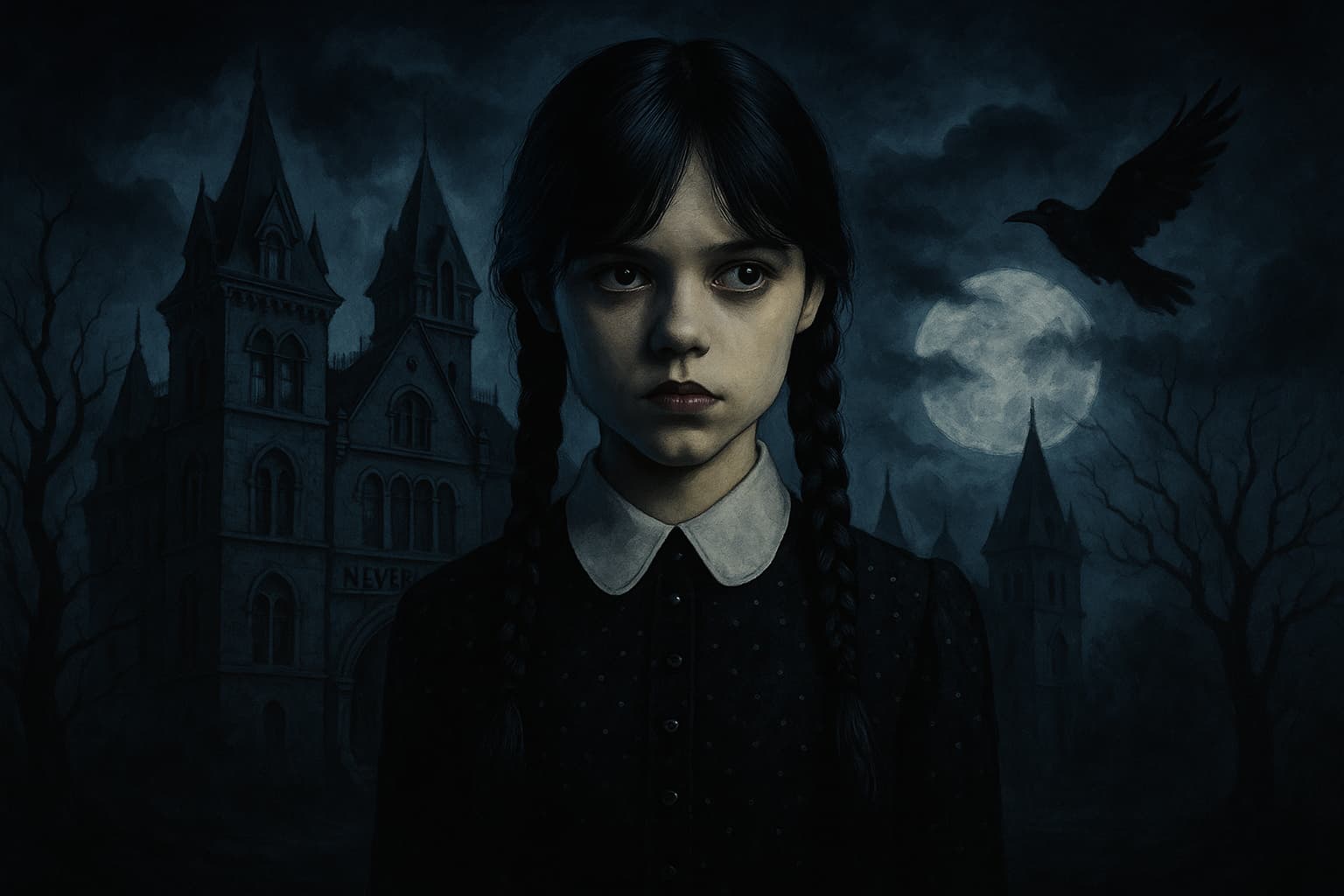ゴシック調のネヴァーモア学園を背景に、黒髪の三つ編みをした少女ウェンズデーが冷たい表情で前を見つめる。背後には満月と飛び立つカラス、枯れ木が立ち並び、全体的に暗く不気味な雰囲気が漂っている。