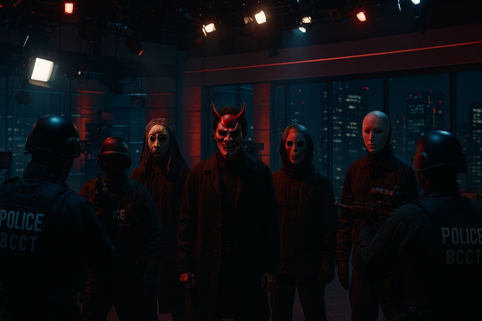 暗い照明のテレビ局スタジオで、般若やドクロ、のっぺらぼうなど日本の妖怪をモチーフにした仮面をかぶった4人の武装集団が横一列に立ち、手前では「POLICE BCCT」と書かれた防弾装備の警察隊員たちが銃を構えて対峙している。背景には赤と青の照明に照らされた機材と夜の都市高層ビル群が窓越しに見える。