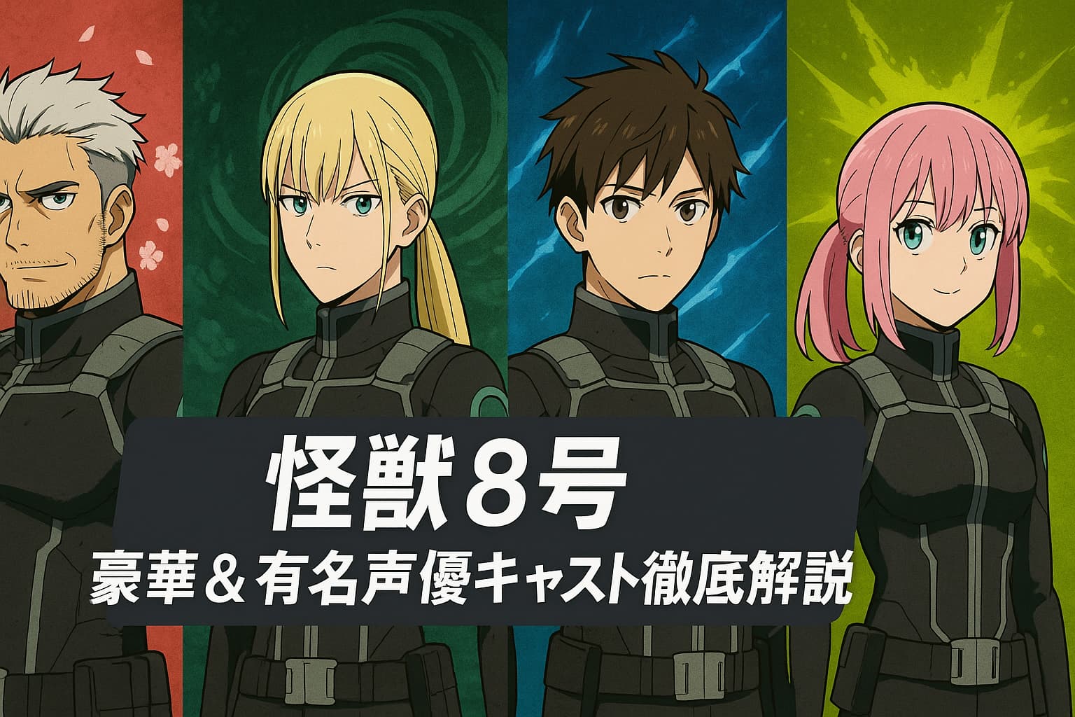 アニメ『怪獣8号』の主要キャラクター4人が横一列に並び、背後に「鬼滅の刃」「呪術廻戦」「ブルーロック」「ヒロアカ」を連想させる色やエフェクトが描かれたイラスト。記事「怪獣8号 豪華＆有名声優キャスト全員紹介！鬼滅の刃・呪術廻戦・ブルーロック出演歴も徹底解説」のアイキャッチ画像。
