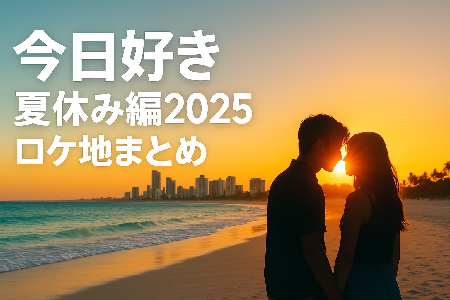 夕暮れのゴールドコーストのビーチで、寄り添う男女のシルエット。背景にはオレンジ色の夕日と高層ビル群、青い海が広がり、左上に『今日好き 夏休み編2025 ロケ地まとめ』の白い文字が大きく配置されている横長構図。