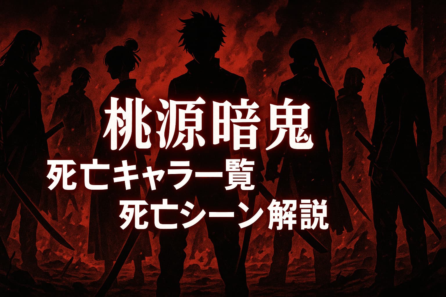 『桃源暗鬼』の世界観をイメージしたダークで緊迫感のあるビジュアル。 背景は赤黒い炎と瓦礫が広がる戦場。 前景に複数のキャラクターのシルエット（鬼國隊と桃機関の戦士たち）が対峙している様子。 キャラクターの顔ははっきり描かず、武器や衣装のシルエットで特徴を表現。
