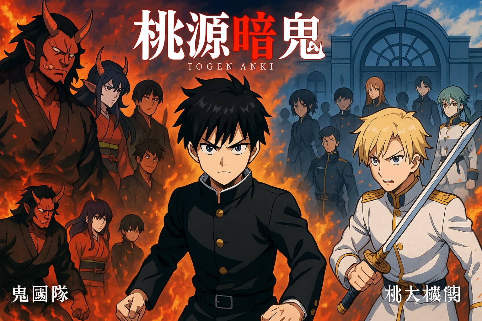『桃源暗鬼』の横長イラスト。中央に黒髪短髪の少年・一ノ瀬四季が学ラン姿で構え、左側には赤い肌と角を持つ鬼國隊の戦士たち、右側には白と金の軍服を着た桃太郎機関の隊員たちが剣を構えて立つ。背景には炎と煙が渦巻き、中央奥に鬼機関（羅刹学園）の門と生徒たちが描かれている。