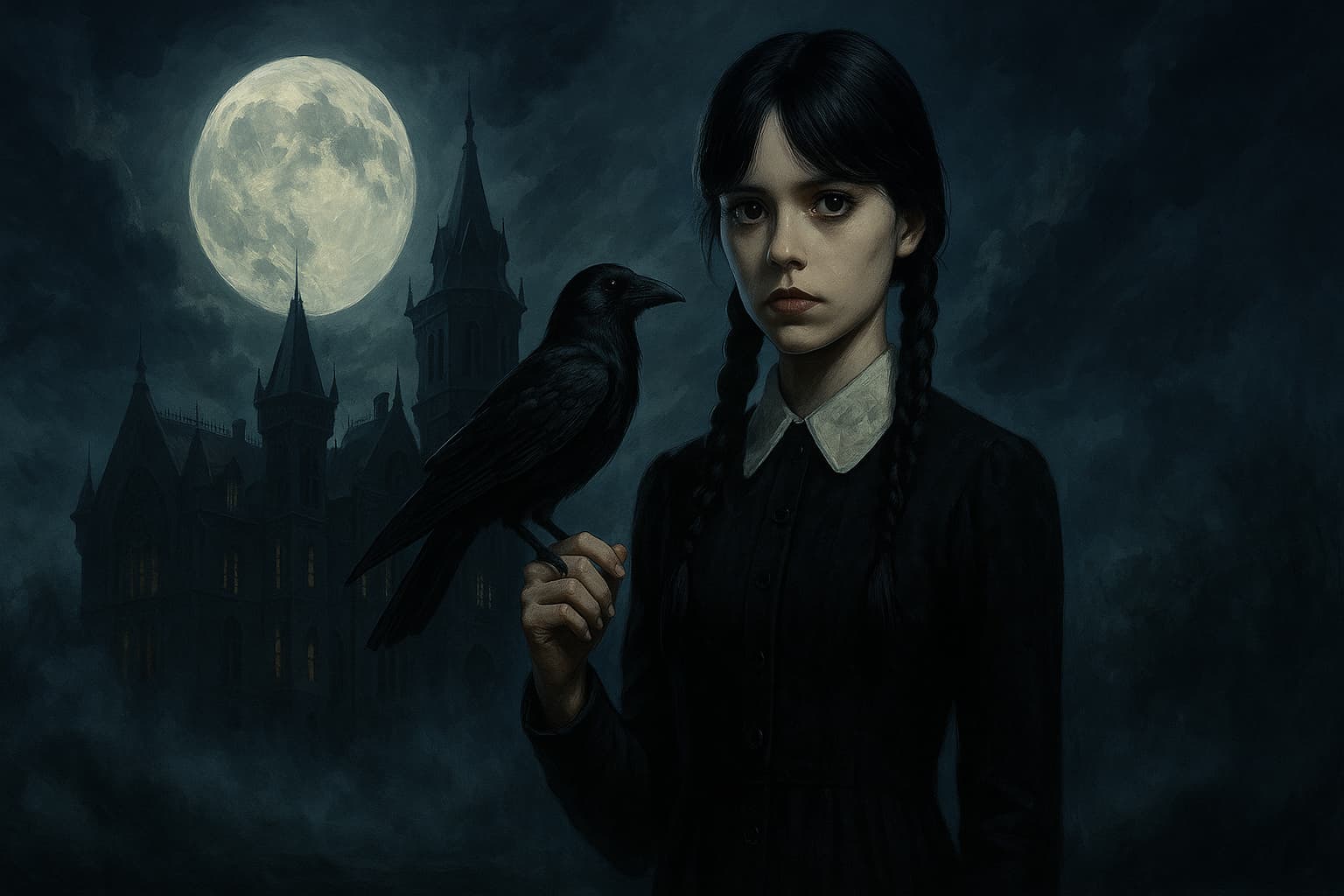 満月が輝く夜、霧に包まれたネヴァーモア学園を背景に、黒いドレスと白い襟を着たウェンズデー・アダムスがカラスを手に乗せて立つ、ゴシック調の横長イラスト。