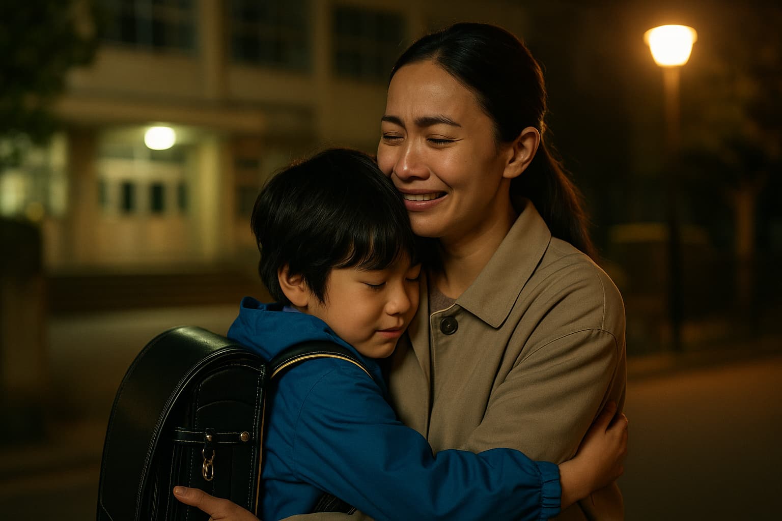 夜の小学校前で、ベトナム人の母親が7歳の息子を涙ながらに抱きしめる。母はベージュのコート、息子は青いジャンパーに黒いランドセルを背負い、街灯の柔らかな光に包まれている感動的なシーン。