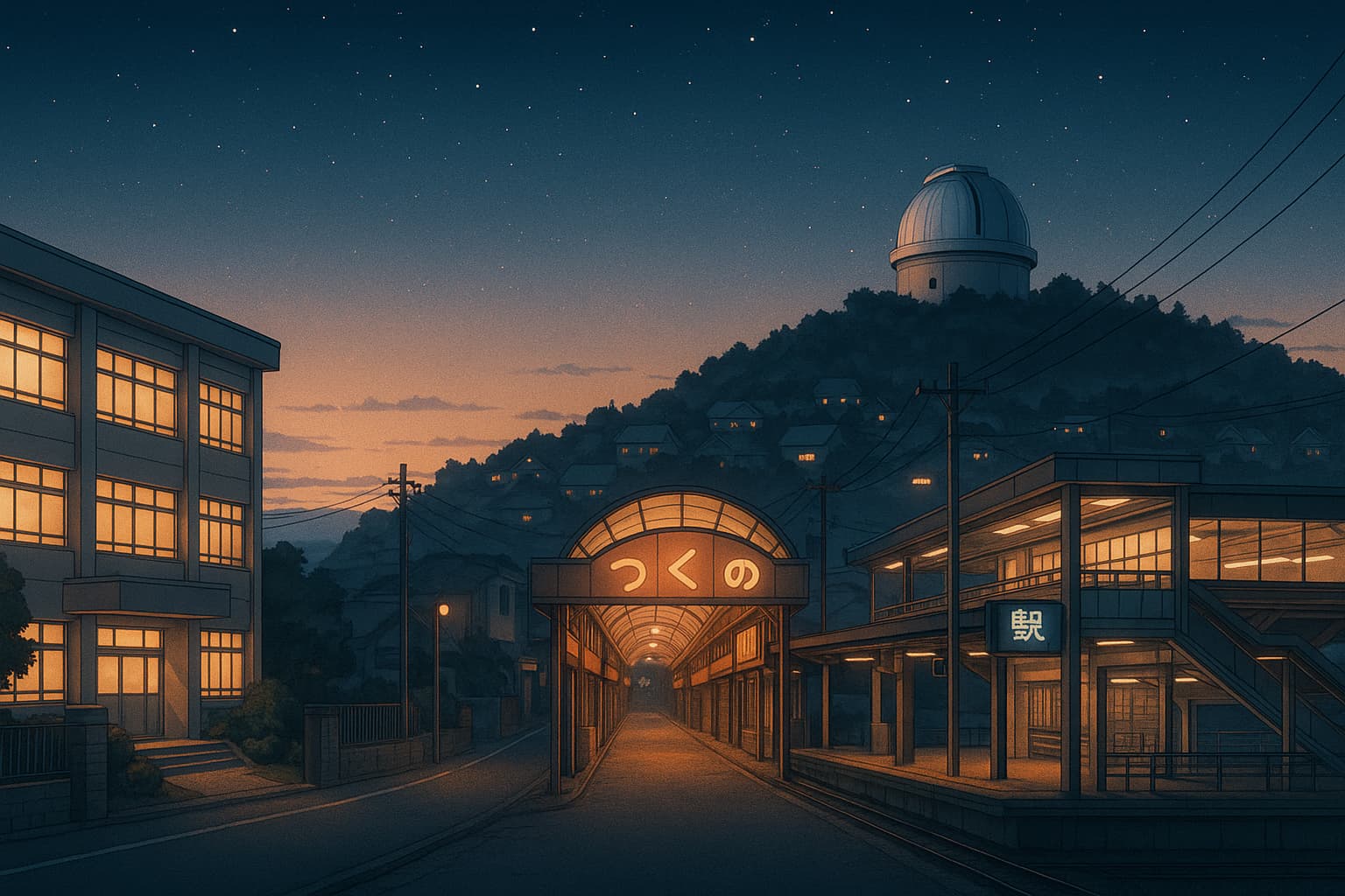 夕暮れの日本の小さな海辺の町を横長構図で描いたイラスト。左に三階建ての学校、中央に「つくの」と書かれた昭和レトロなアーケード商店街、右に近代的な駅舎があり、奥の丘の上には銀色のドーム型天文台が星空の下にそびえている。