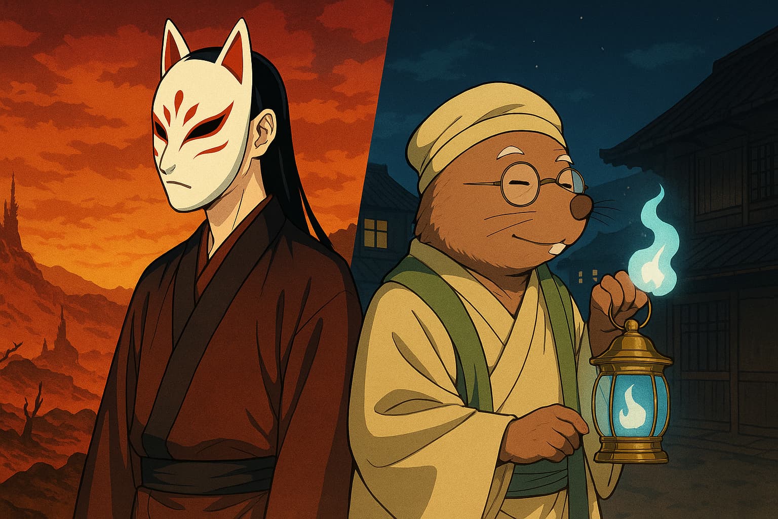 狐面をかぶった和装の男性と、ランタンを持つモグラ姿の仙人が並んで立っている。背景は左半分が赤く燃える地獄の風景、右半分が夜の街並みになっており、二つの世界が対比されている。