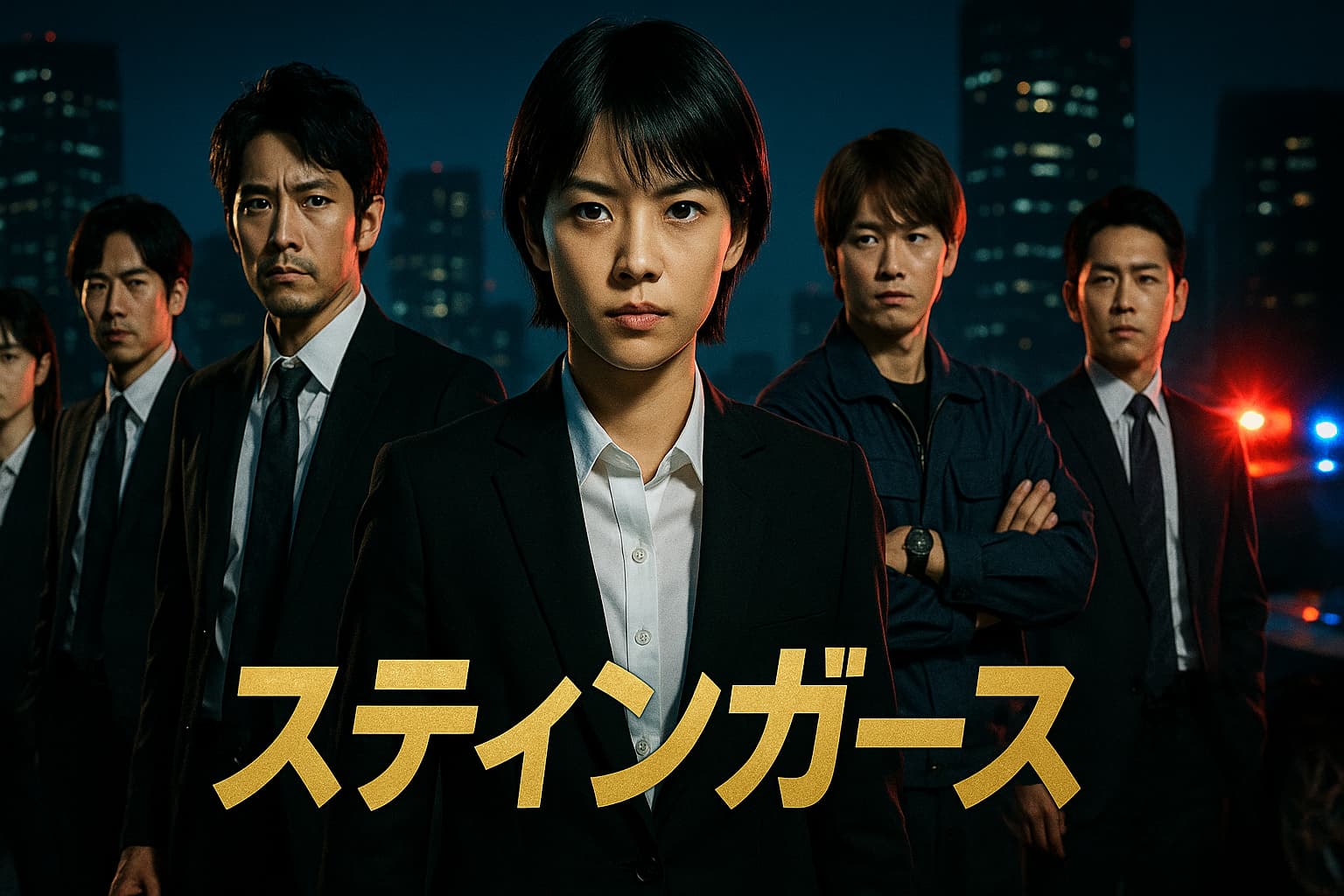 夜の都会を背景に、黒いスーツ姿の女性刑事が中央に立ち、背後にチームメンバーが並ぶ。赤と青のパトライトが人物を照らし、下部に金色の文字で「スティンガース」と表示されている。
