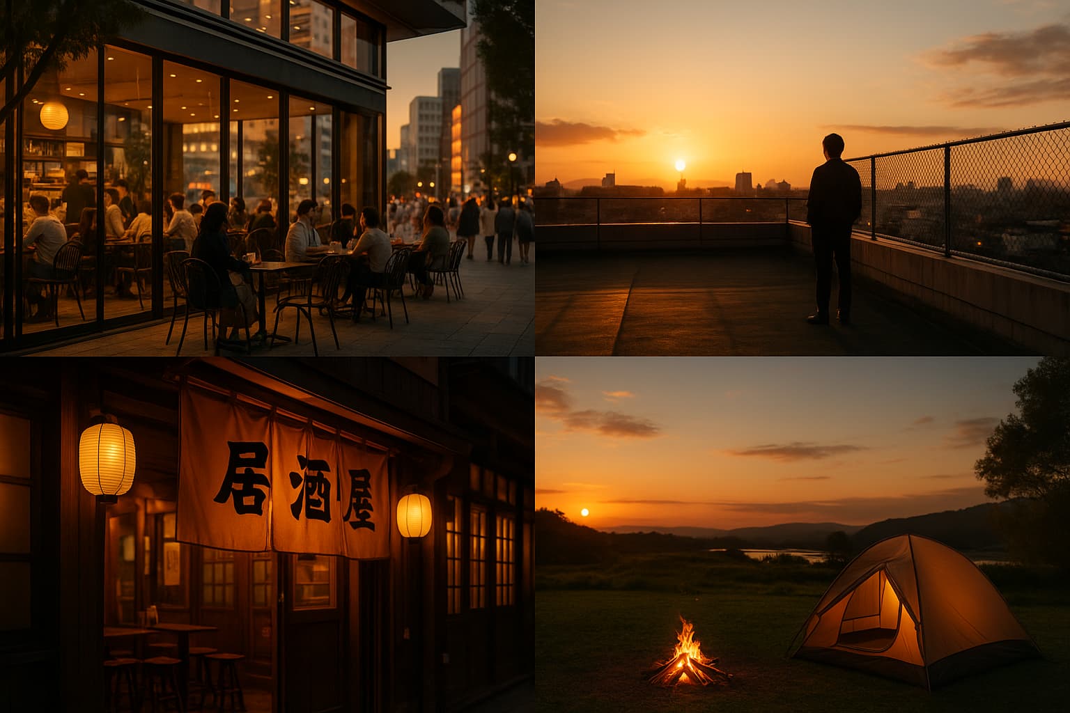 TBSドラマ『シンデレラクロゼット』の聖地巡礼をイメージした横長コラージュ画像。左上は渋谷のカフェテラスで夕暮れ時に人々が談笑する様子、右上は大学の屋上で男性が夕日を見つめる姿、左下は暖簾と提灯が灯る居酒屋の外観、右下は郊外のキャンプ場で焚き火とテントが並ぶ夕景。