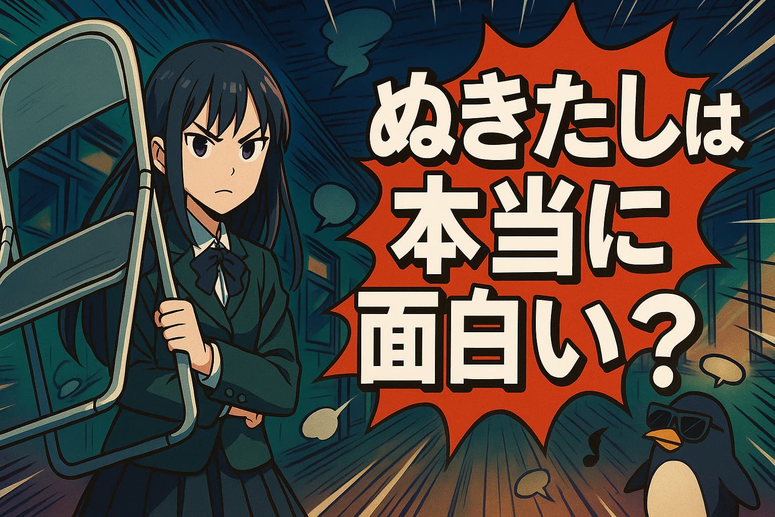 女子学生がパイプ椅子を持って立つアニメ風イラスト。背景は学校の廊下で、右側に「ぬきたしは本当に面白い？」という大きな日本語の文字と、サングラスをかけたペンギンが描かれている。