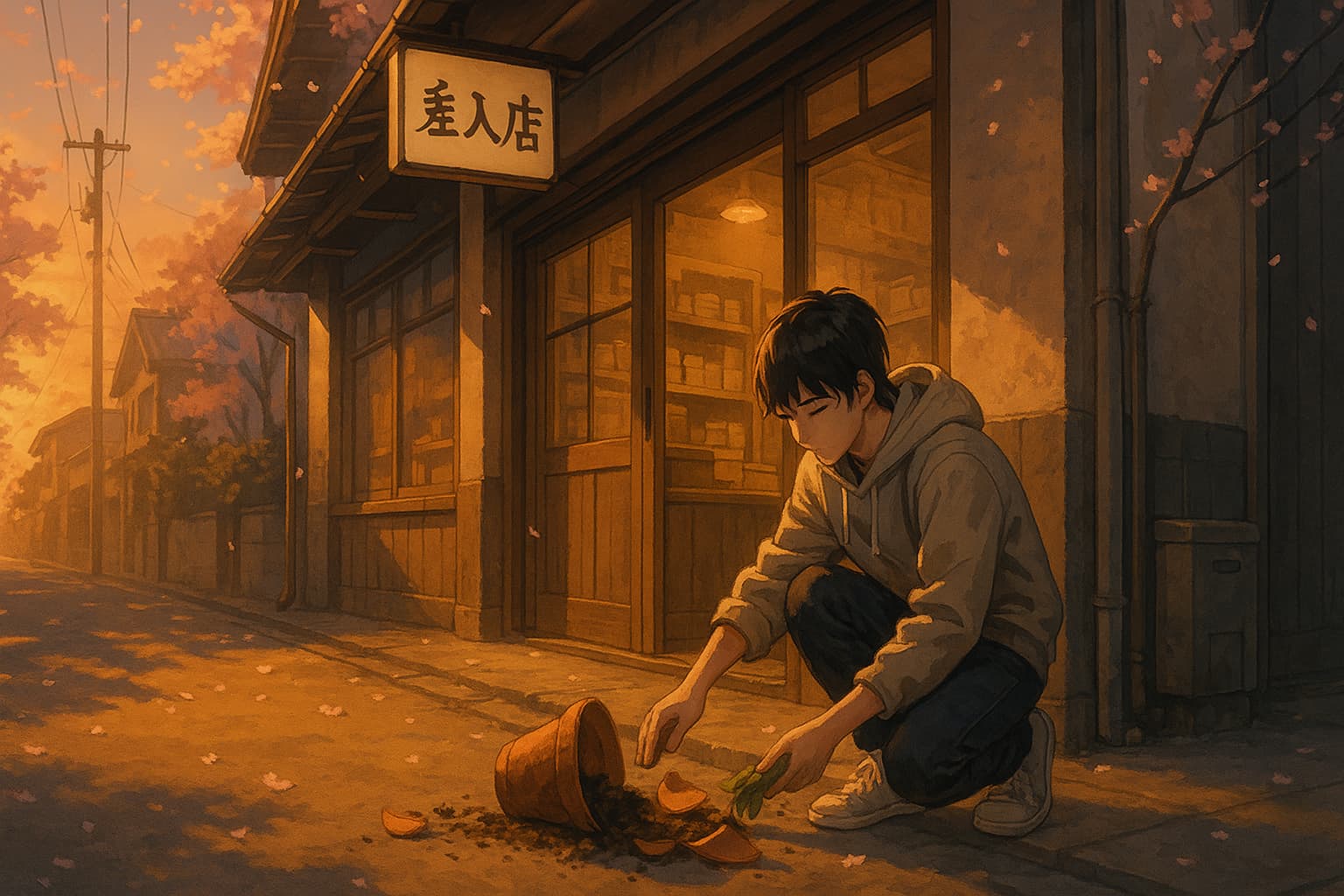 夕暮れの商店街にある『差入店』の前で、少年が割れた植木鉢の破片を丁寧に拾っている。店内から漏れる暖かな光と舞い散る桜が、静かで優しい空気を漂わせている。