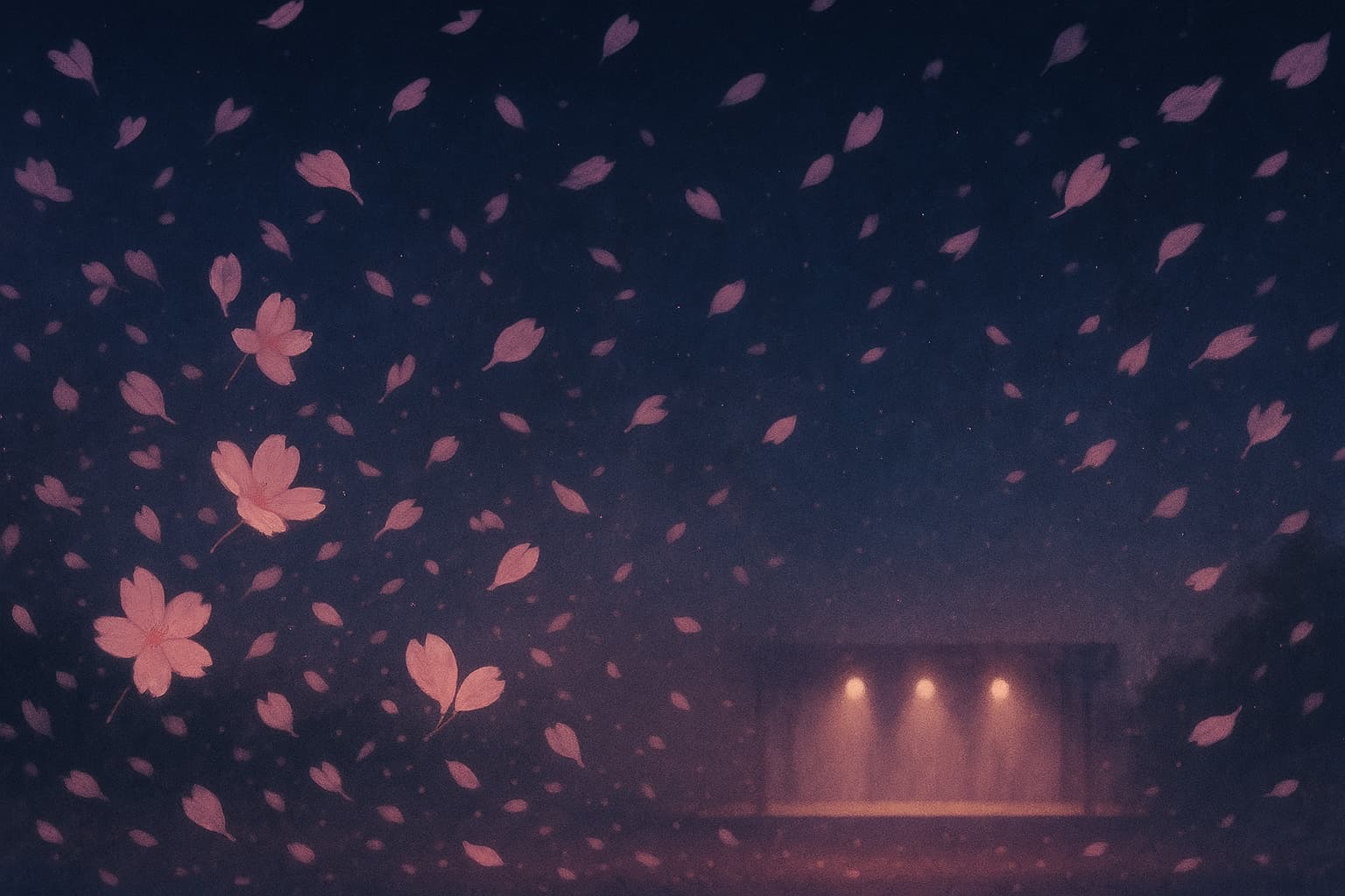 夜空に舞う桜の花びらと、スポットライトが灯る静かな舞台。幻想的な光景が声優・櫻井智さんの記憶を優しく包み込むイメージ。
