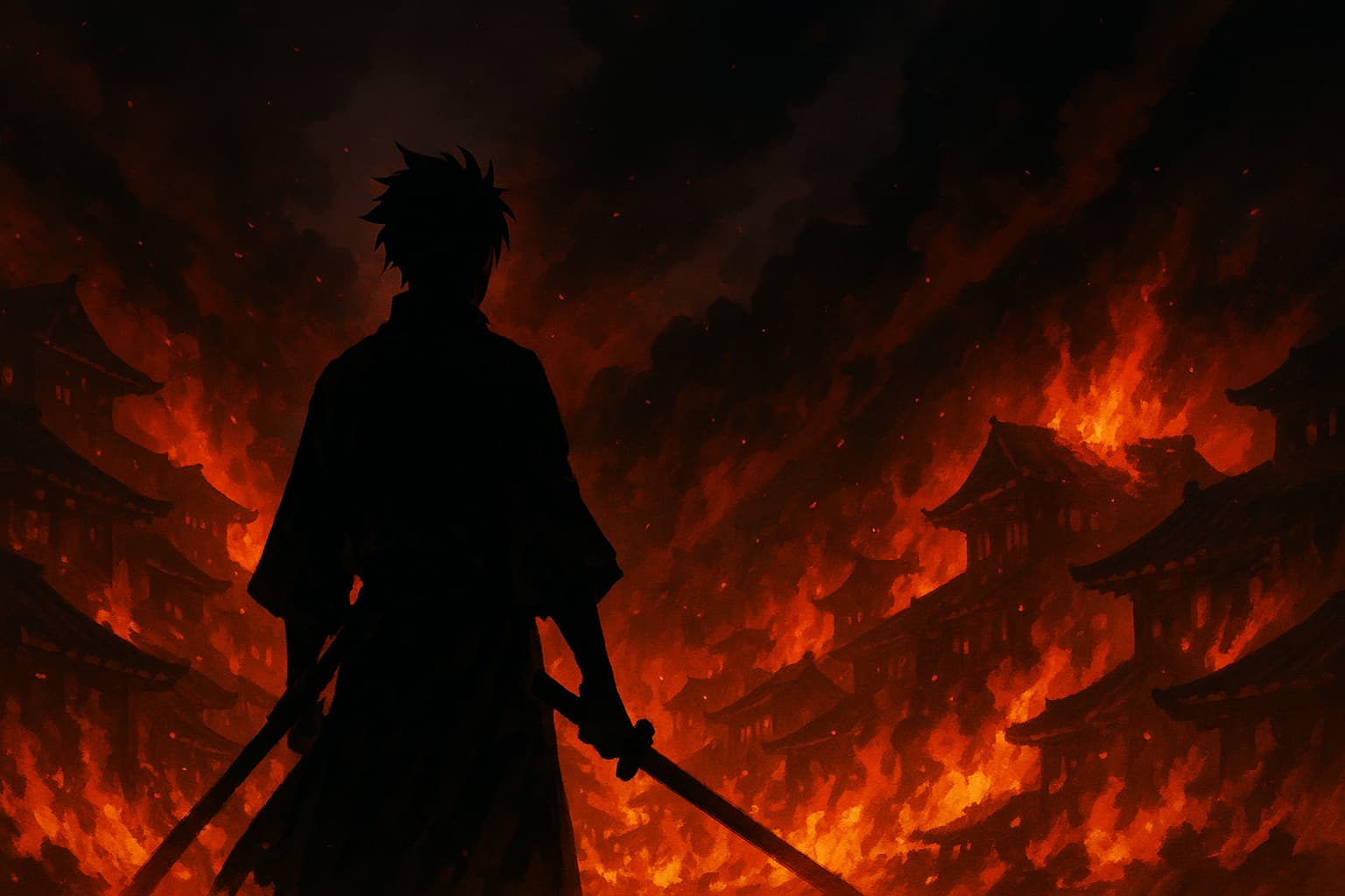 燃え上がる夜の街並み、赤い炎と黒煙が立ち昇る。 シルエットの剣士が背中を向け、炎に立ち向かう。