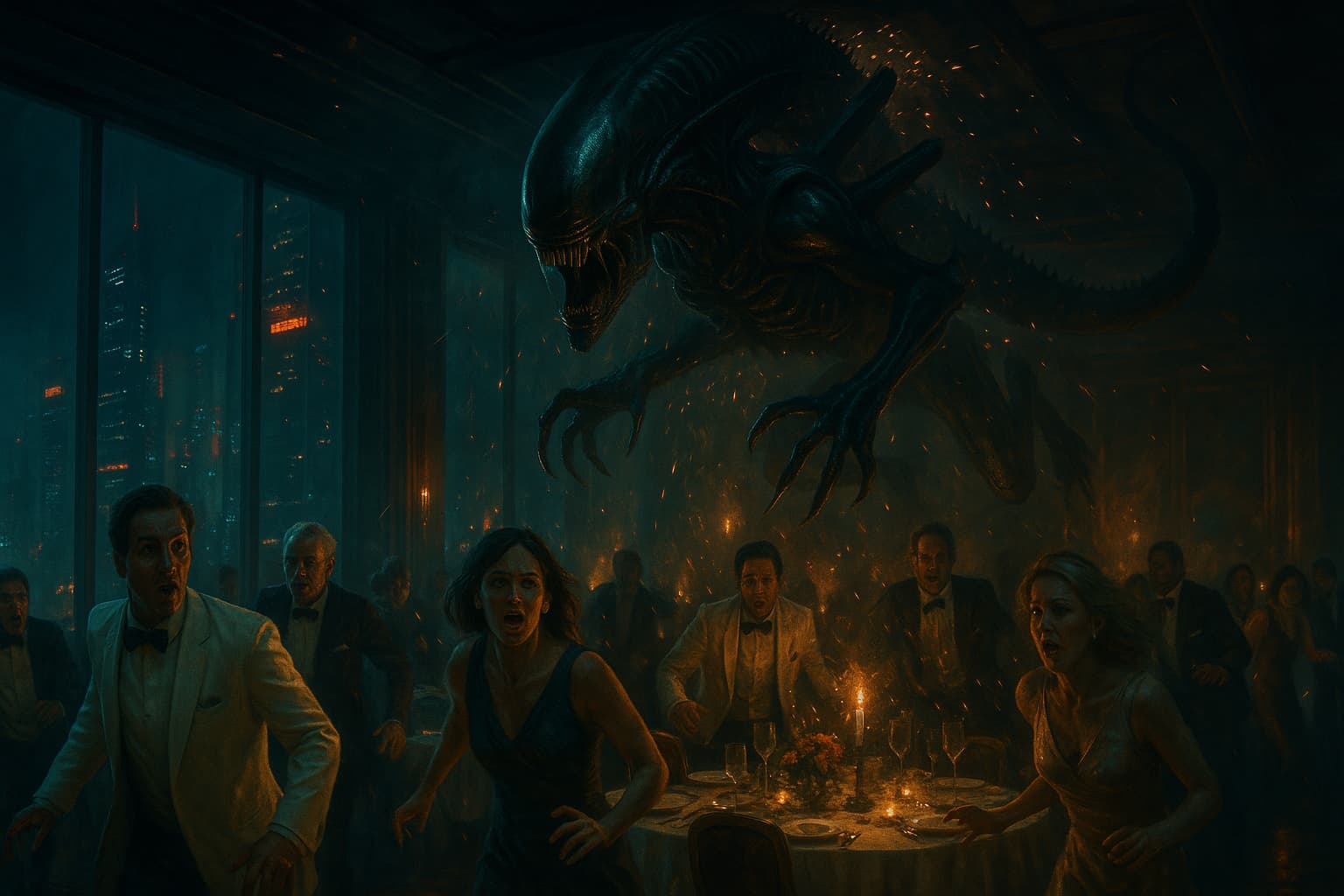 『エイリアン：アース』第2話「Mr. October」で描かれる、富裕層ディナー会場にゼノモーフが乱入する象徴的シーンのイメージ画像。