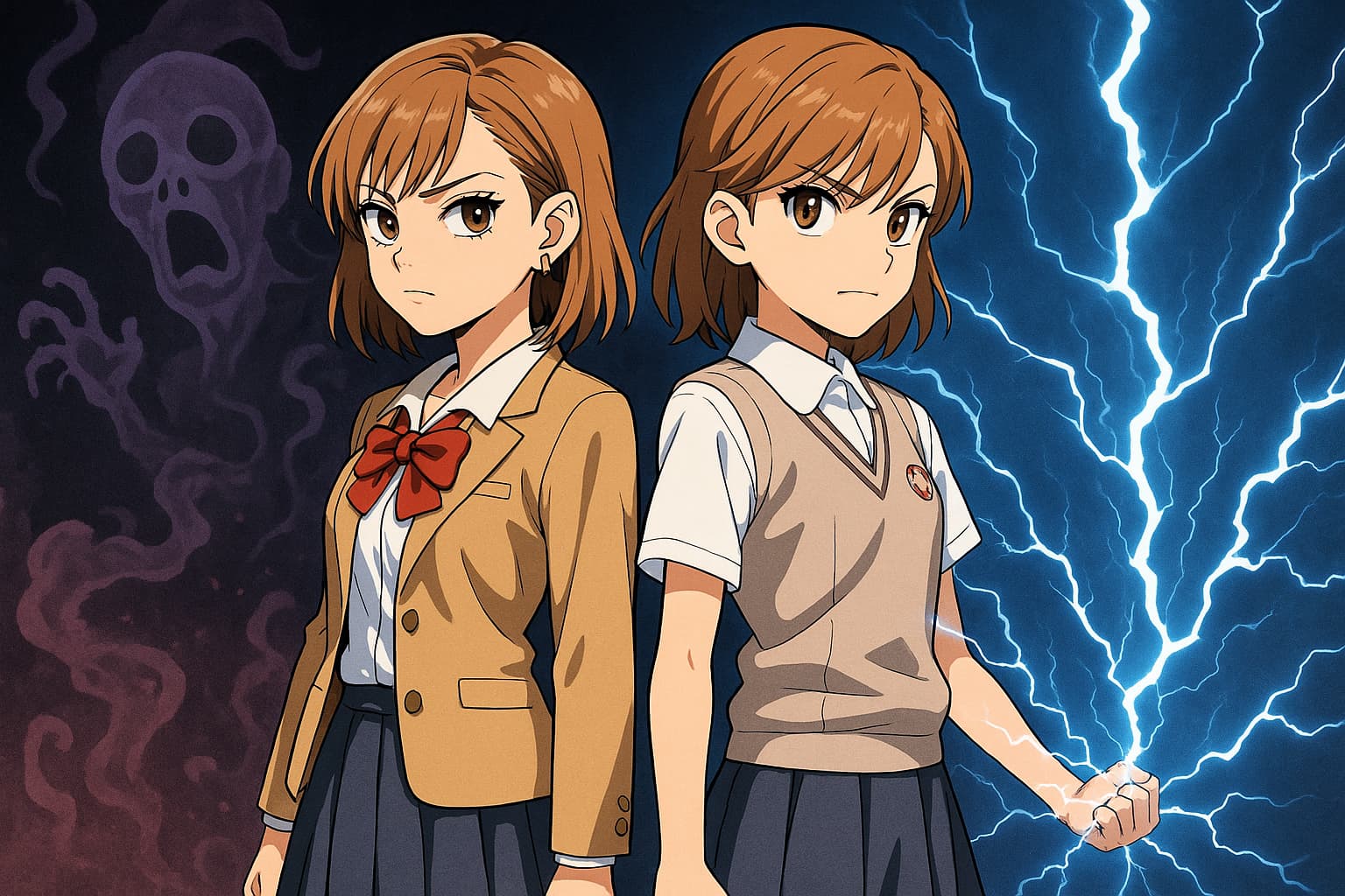 背中合わせに立つ二人の女子高生。左は茶髪ショートボブで制服に赤いリボンをつけたギャル風の少女の背後に紫の霊が漂い、右はベスト姿の女子高生が拳に青い雷をまとっている。二人の背景は霊気と電撃が交錯し、対比を強調