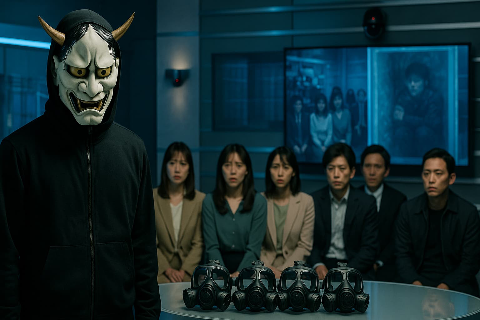 般若の仮面をかぶった犯人と、防護マスク5つを前に緊張する6人の人質。背景には冷凍庫に閉じ込められた青鬼の映像が映し出されている、テレビ局内の緊迫したシーン