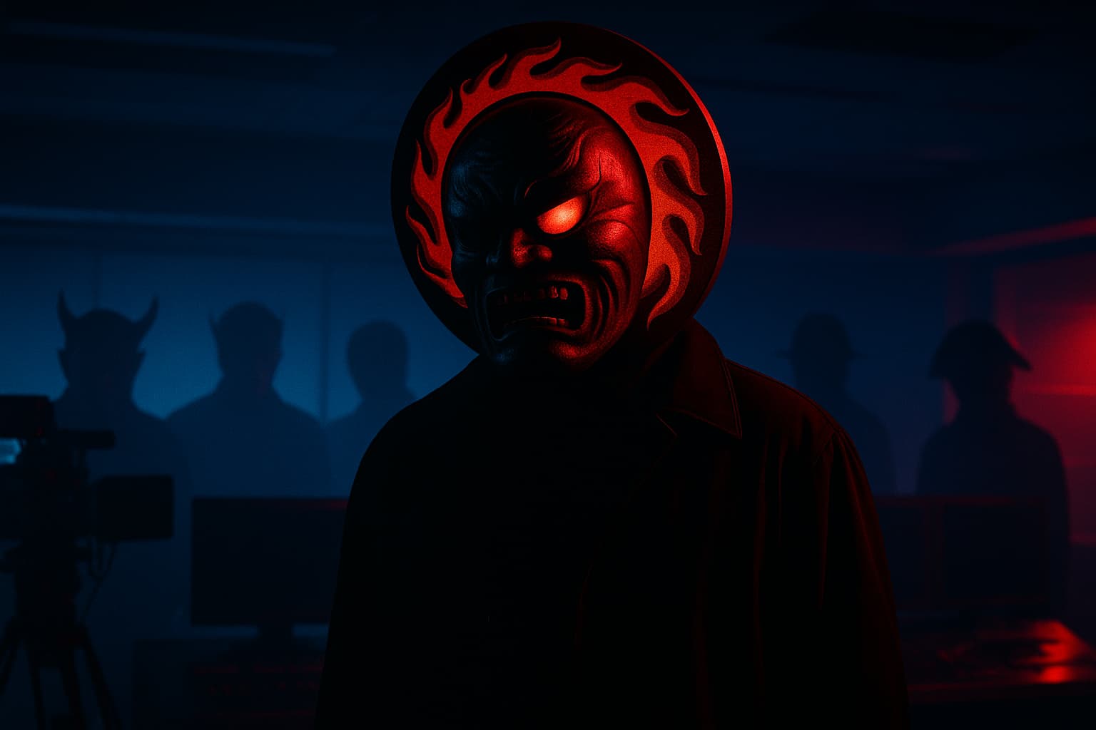 ドラマ『放送局占拠』輪入道の正体を予想する考察記事のイメージ。赤い炎の仮面をかぶった輪入道が放送局に立つ姿。