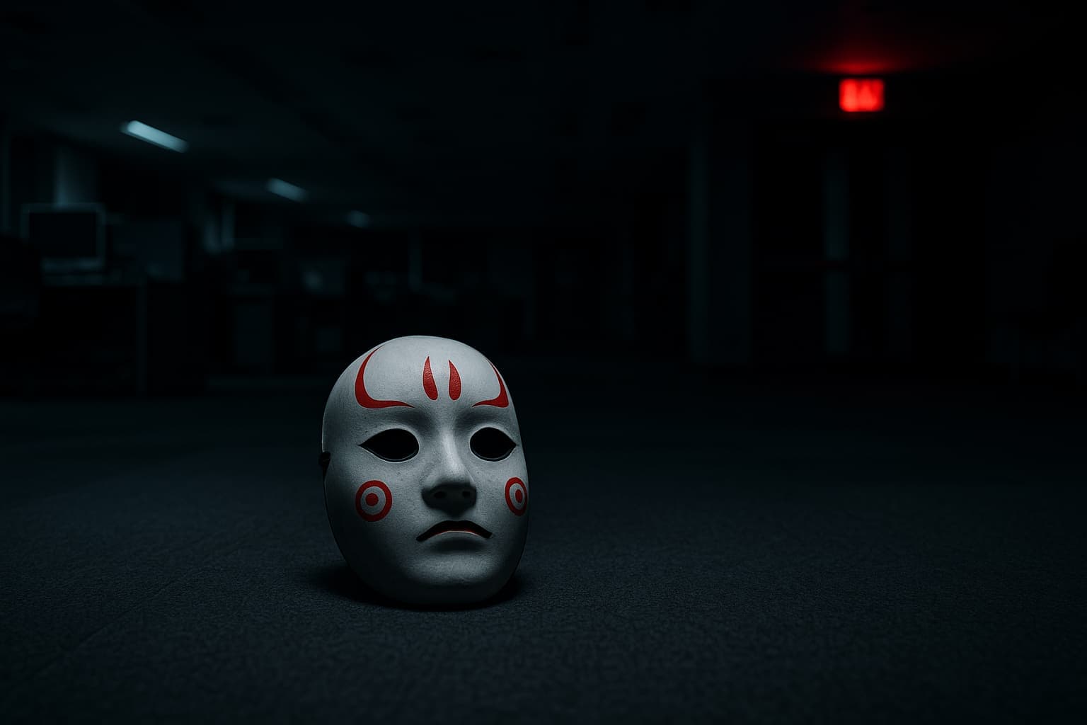 暗い放送局の廊下にぽつんと置かれた座敷童の仮面。不気味な静けさの中に、正体不明の存在を暗示するミステリアスな構図