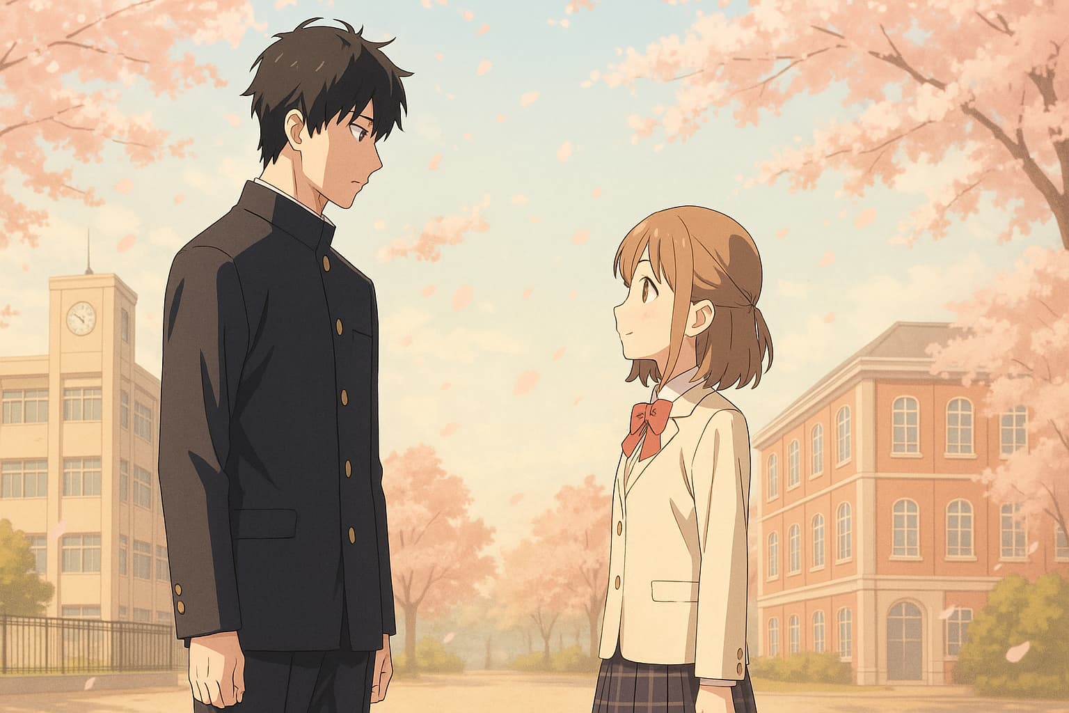 桜が舞う春の校庭で、黒い学生服の男子生徒と白いブレザーの女子生徒が見つめ合って立っている。背後にはそれぞれ異なる学校の校舎があり、やわらかなパステルカラーの風景が青春の情景を描き出している。