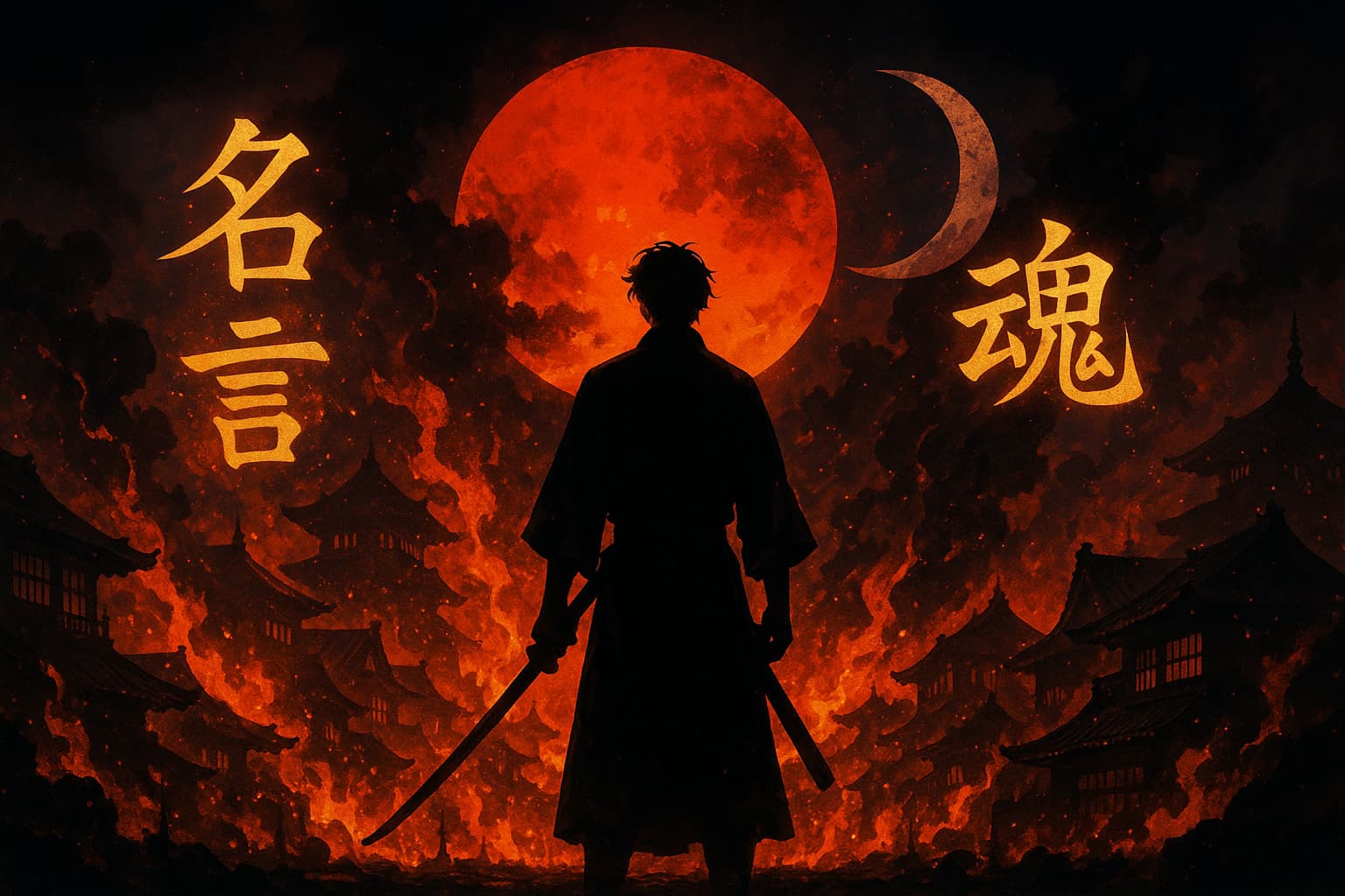 燃え上がる吉原の街並みを背に、刀を手にした侍のシルエットが立っている。背後には赤い満月と三日月が輝き、炎の中に「名言」「魂」の文字が浮かぶ。シネマティックで劇画風のデジタルアート。