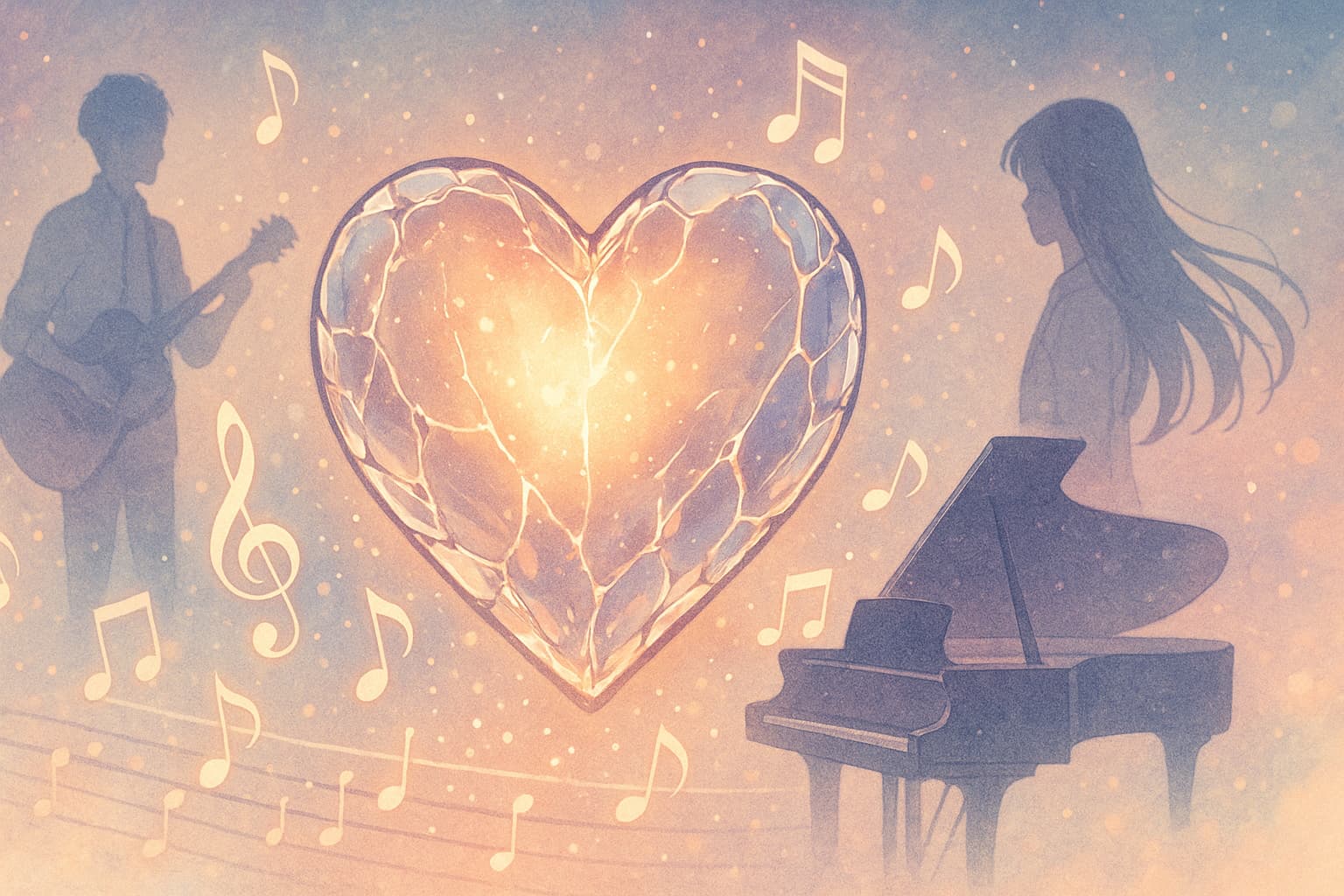 グラスハート 漫画の結末と最終回を象徴するイメージ。光を放つガラスの心臓と音符、ギターを持つ男性と少女のシルエット、ピアノが描かれ、儚さと希望を表現。