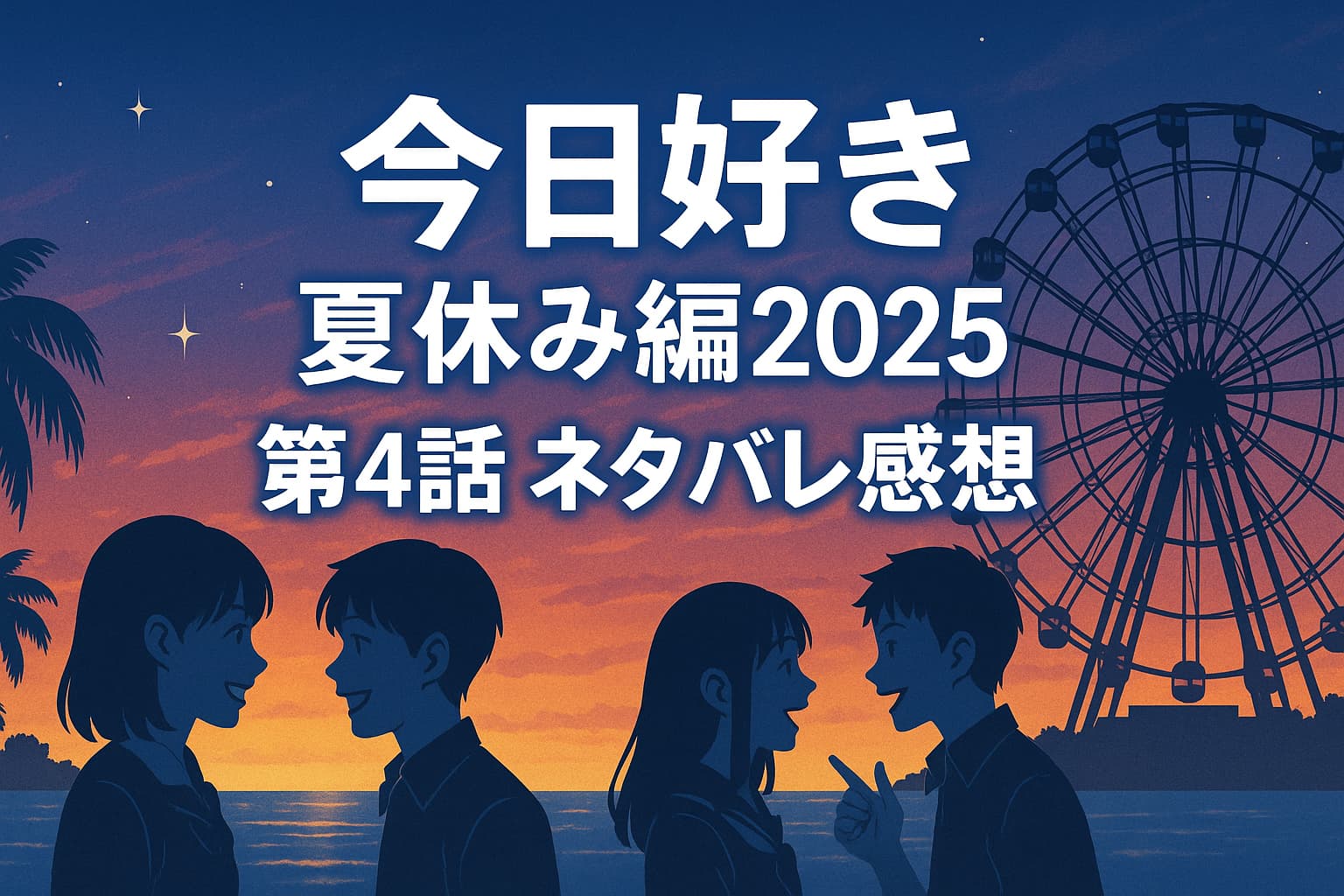 『今日好き 夏休み編2025 第4話 ネタバレ感想』のアイキャッチ画像。夕焼けのビーチと観覧車を背景に、シルエットの高校生カップルたちが会話している青春らしいイラスト。
