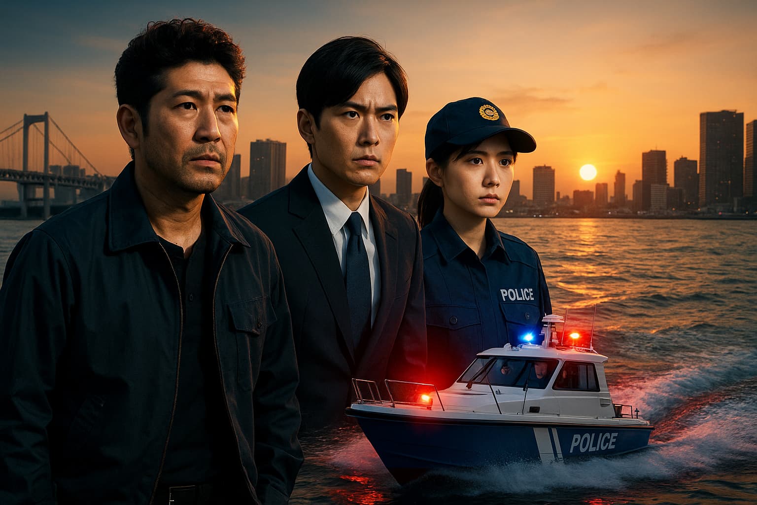 新東京水上警察のキャストイメージ。佐藤隆太・加藤シゲアキ・山下美月が警備艇を背景に並び、夕焼けの東京湾で刑事ドラマの緊張感を表現している。