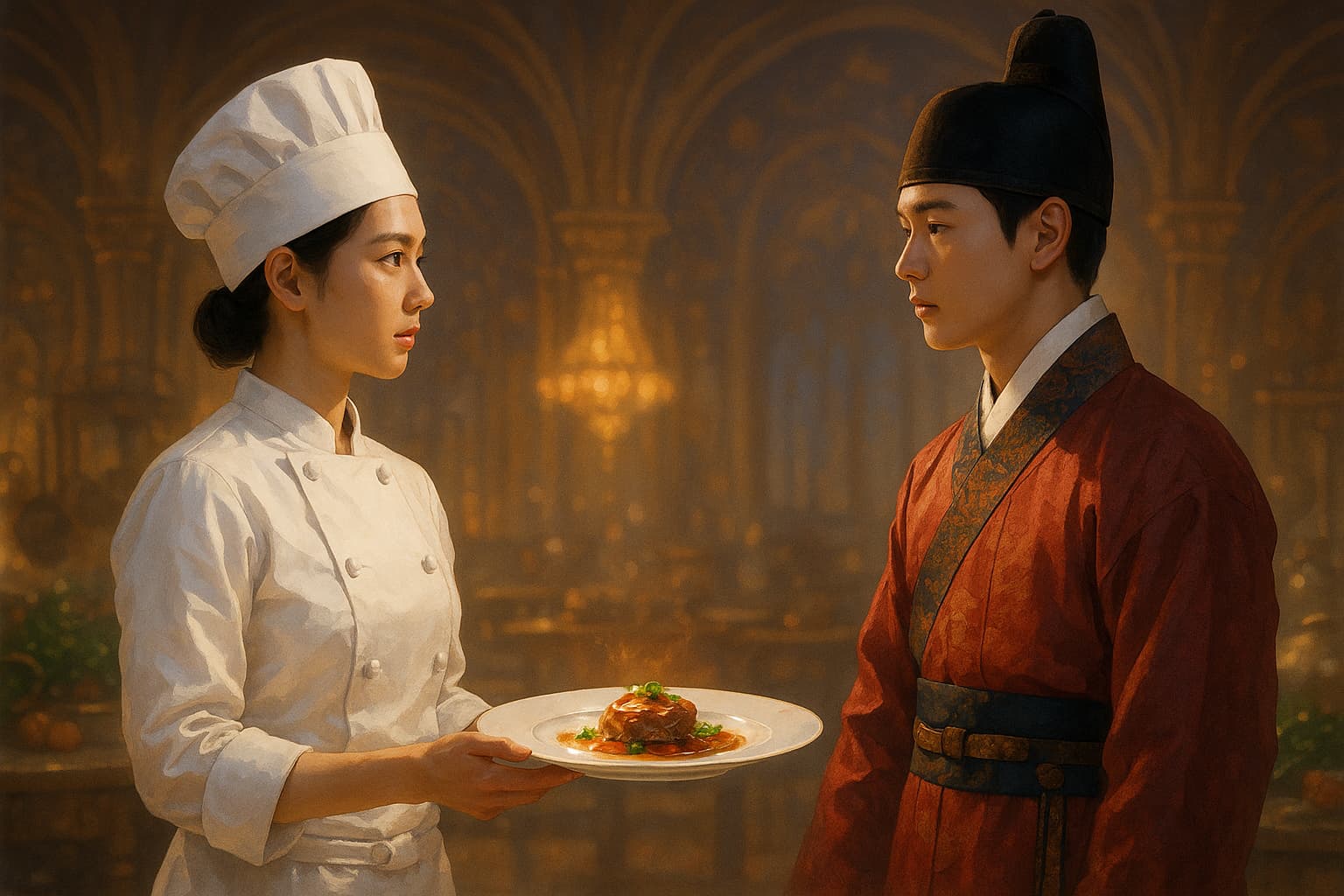 暴君のシェフ｜フレンチシェフの女性が宮廷の若き王に料理を差し出すシーン。タイムスリップしたシェフと朝鮮王朝の暴君が向き合う幻想的な宮廷キッチンのワンシーン。韓国ドラマの異世界ロマンスを表現。