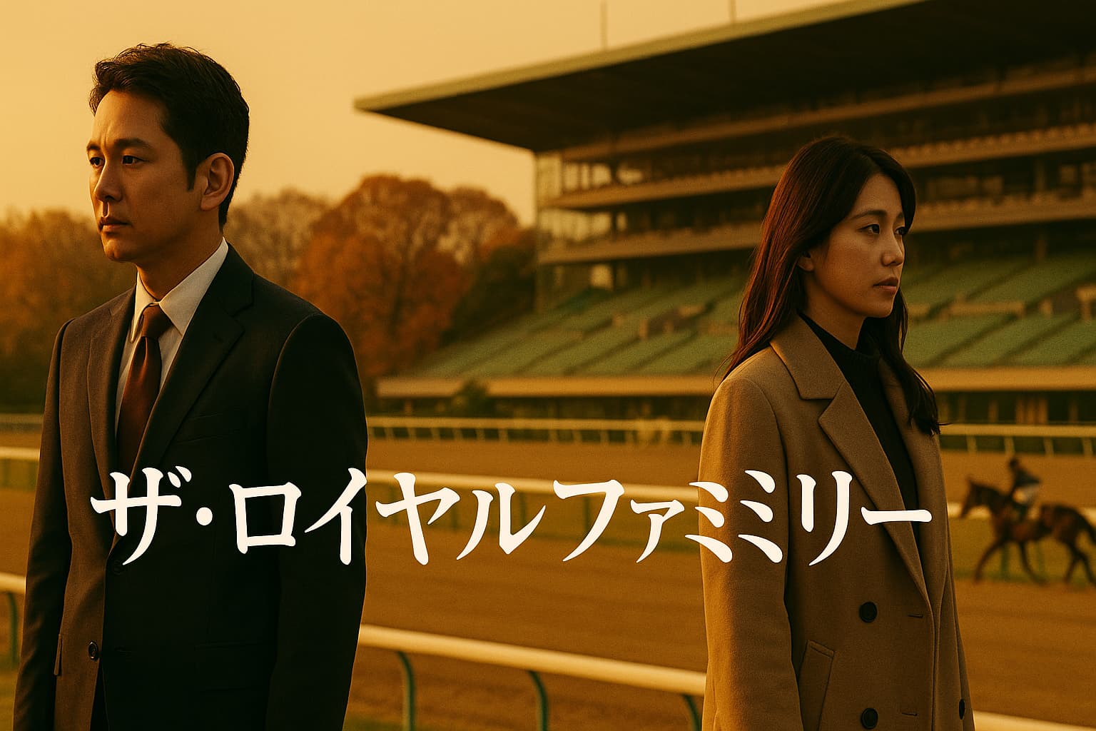 TBS日曜劇場『ザ・ロイヤルファミリー』のアイキャッチ画像。秋の競馬場を背景に、スーツ姿の男性とコートを着た女性が夕暮れの中、別々の方向を見つめる。中央に番組タイトル『ザ・ロイヤルファミリー』の文字。