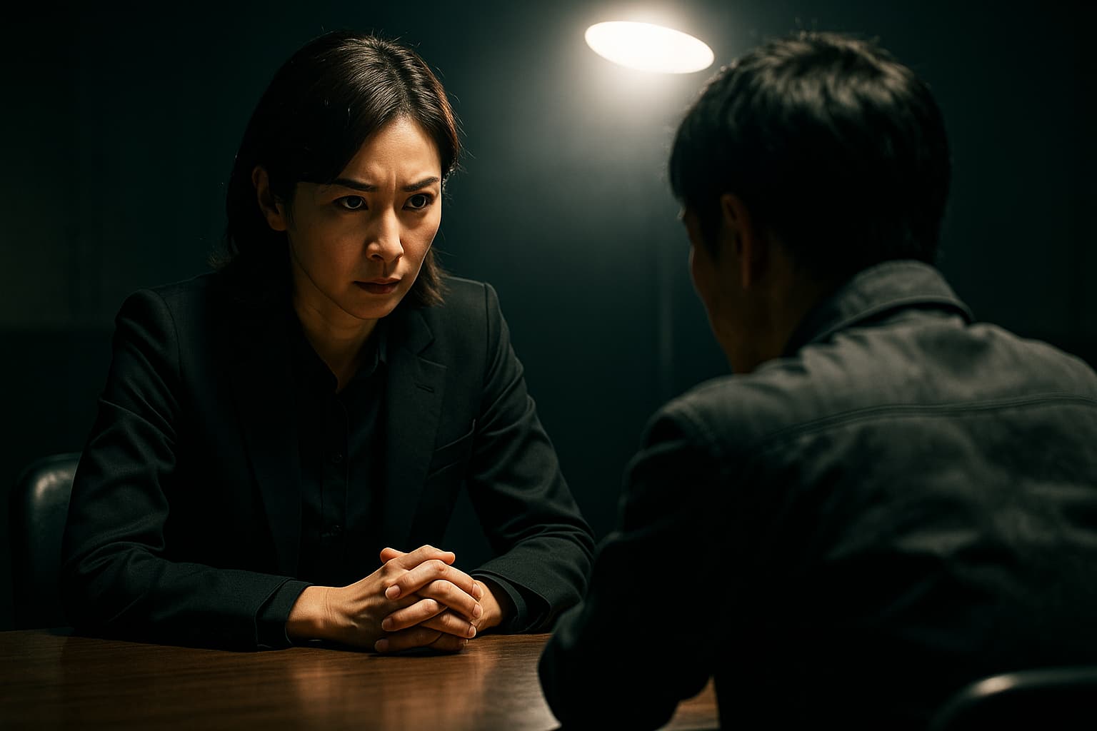緊急取調室 シーズン5 のイメージ画像｜取調室で女性刑事が被疑者を鋭い眼差しで見つめるシーン。密室の心理戦と緊迫感を表現したドラマ風ビジュアル。