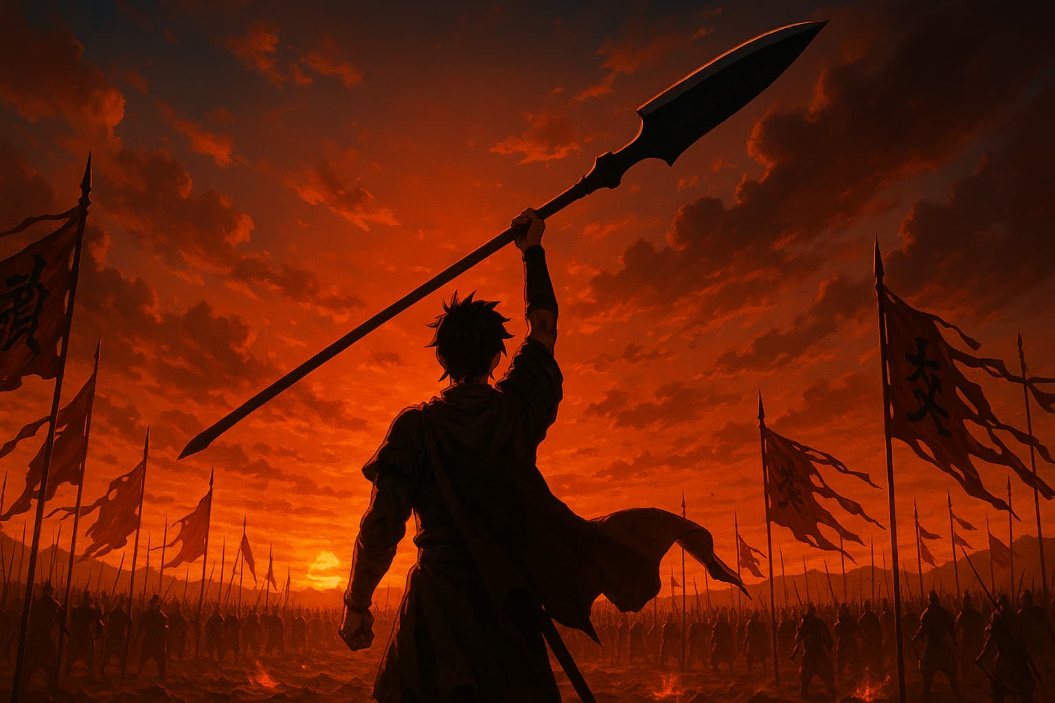 キングダム アニメ6期 ネタバレ画像。鄴攻略編で信が王騎の矛を掲げ、秦軍の大軍勢を率いる姿。夕焼けの戦場と旗が並ぶ迫力のシーン。