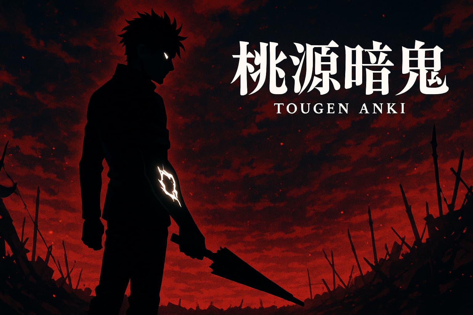 『桃源暗鬼』無陀野無人のシルエットイラスト。赤黒い空を背景に、光るタトゥーと傘を構える姿が描かれ、彼の強さと謎めいた存在感を象徴している。