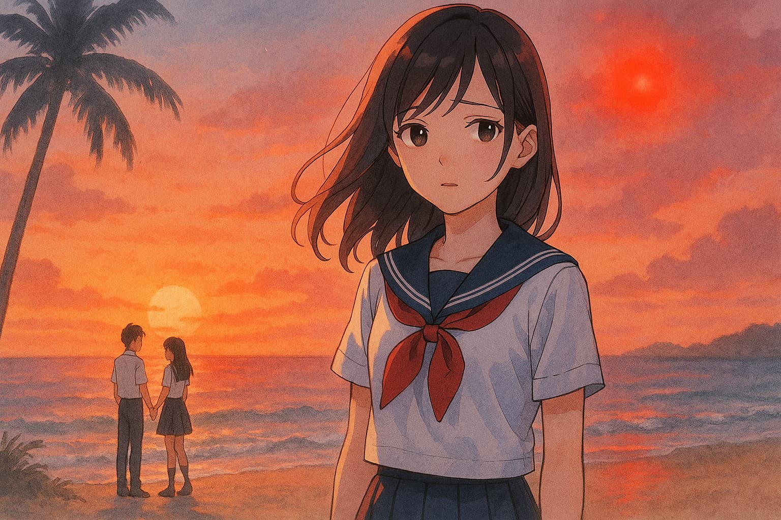 「今日好き ひな 炎上」テーマのイメージ画像。南国の夕焼けの海辺に立つ女子高生が切なげな表情を浮かべ、背景には恋愛リアリティ番組のような青春と葛藤の雰囲気が描かれている。