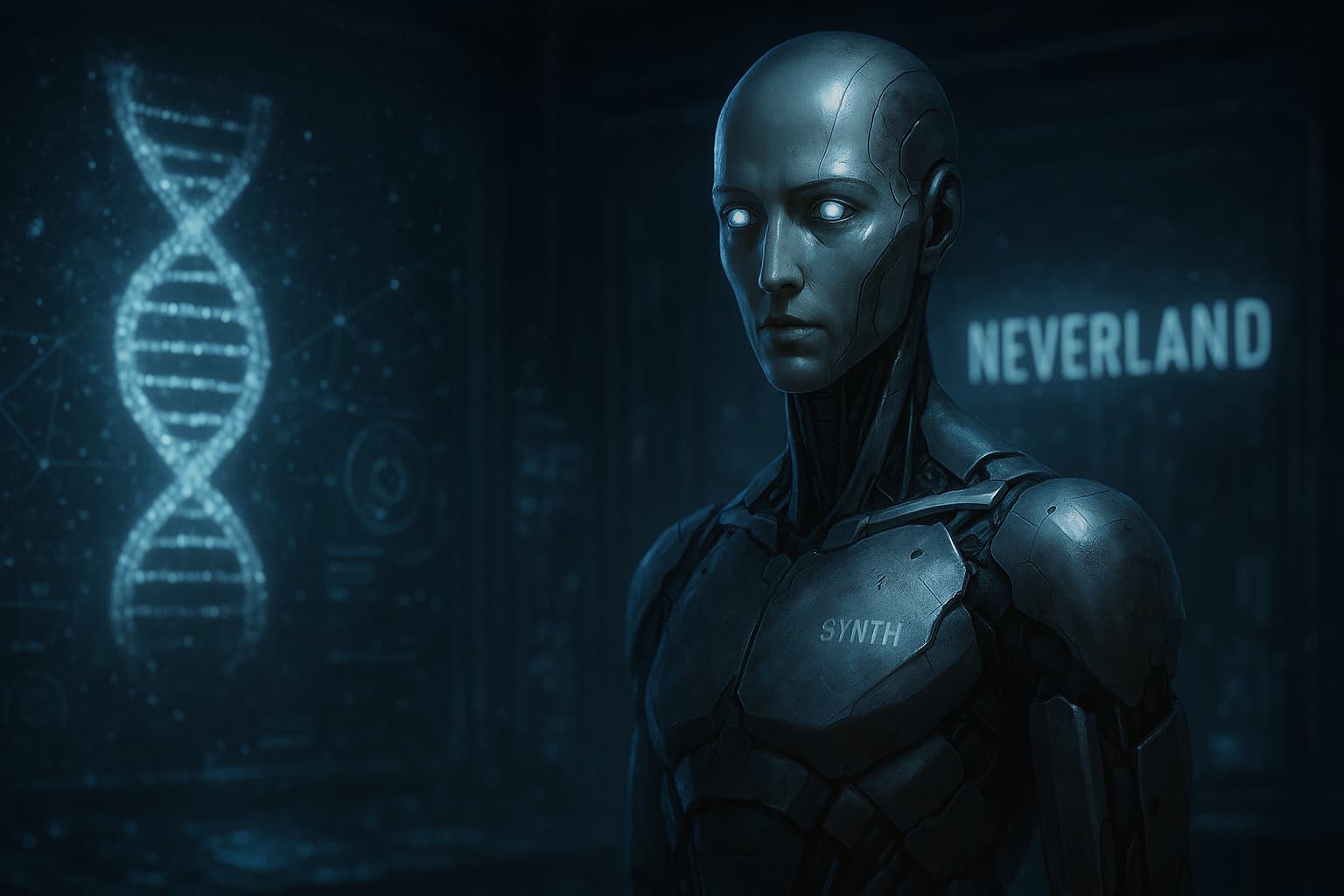 エイリアンアースのシンセを描いたSFロボットのイラスト。研究所で人型アンドロイドが立ち、背後にDNAホログラムとNEVERLANDの文字が浮かぶ。人工知能や不死のテーマを象徴するビジュアル。