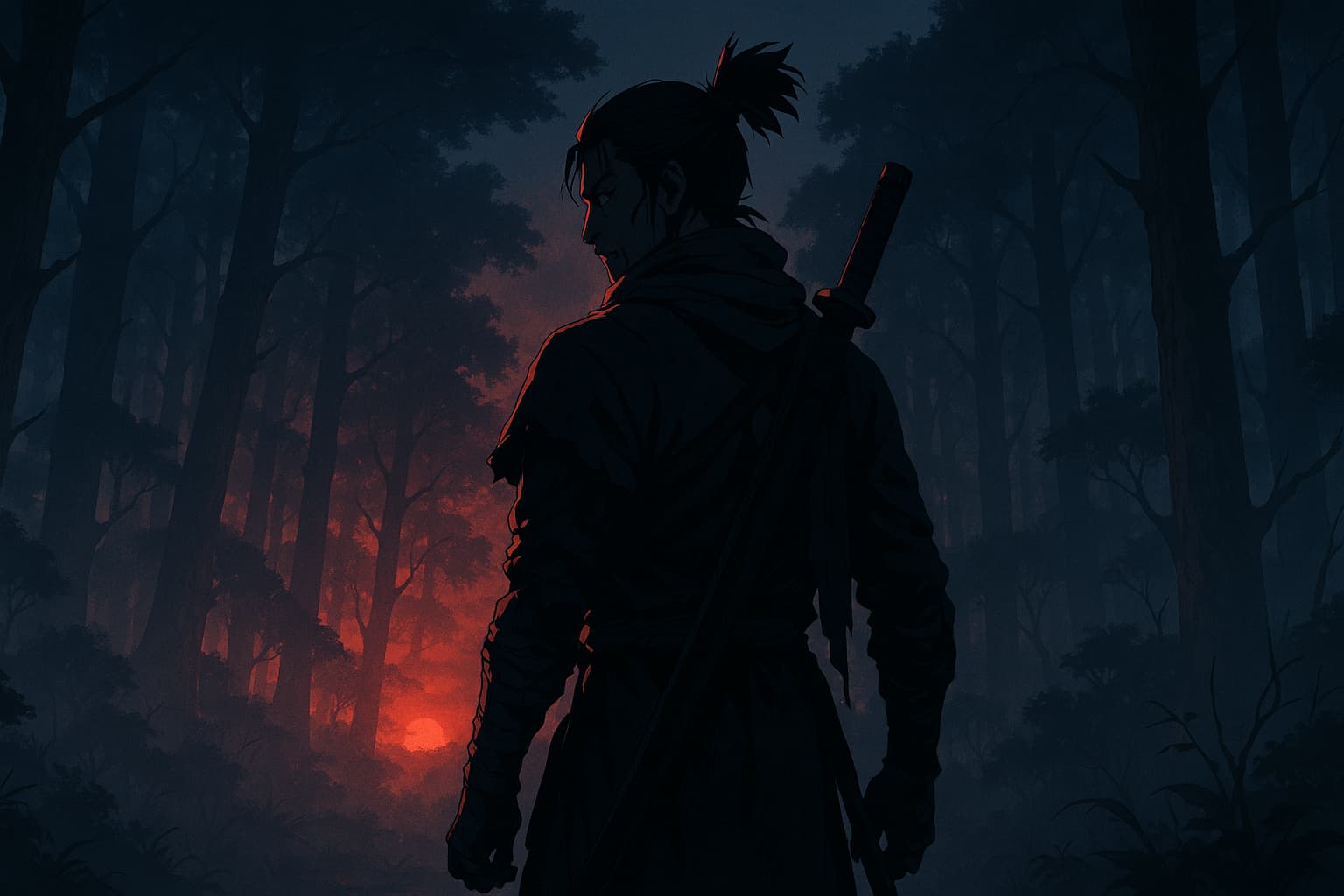 セキロアニメ『SEKIRO: NO DEFEAT』のビジュアルをイメージした、戦国時代の森に佇む忍びの後ろ姿。夕暮れに赤く染まる背景と刀を背負ったシルエットが特徴の2Dアニメ風イラスト。