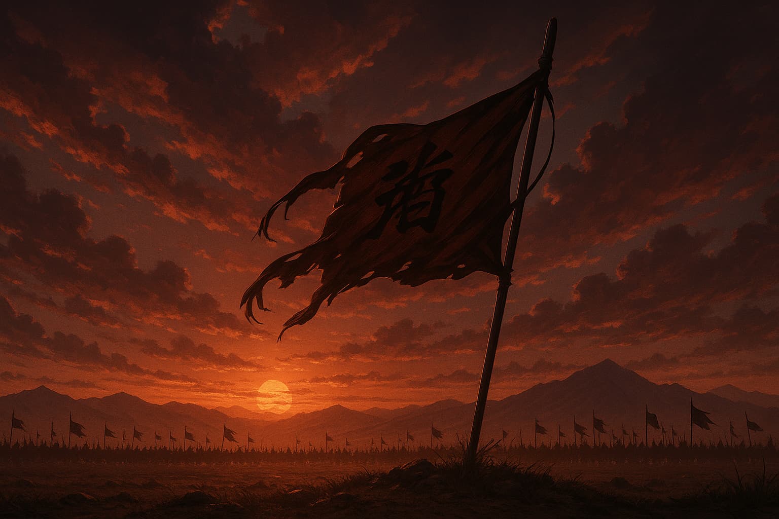 アニメ『キングダム6期』を象徴する戦国風のビジュアル。夕焼けの空の下、戦場に立つ旗と広がる軍勢が描かれ、鄴攻略戦の壮大さを表現したイメージ。