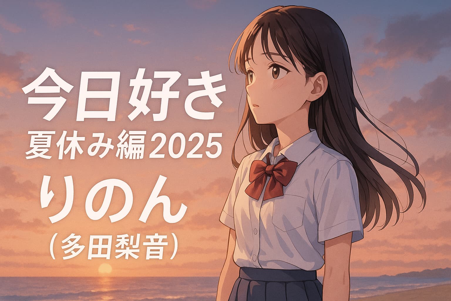 今日好き 夏休み編2025に出演するりのん（多田梨音）の制服姿と夕焼けの海辺。青春と恋を描く恋愛リアリティ番組の雰囲気を伝える