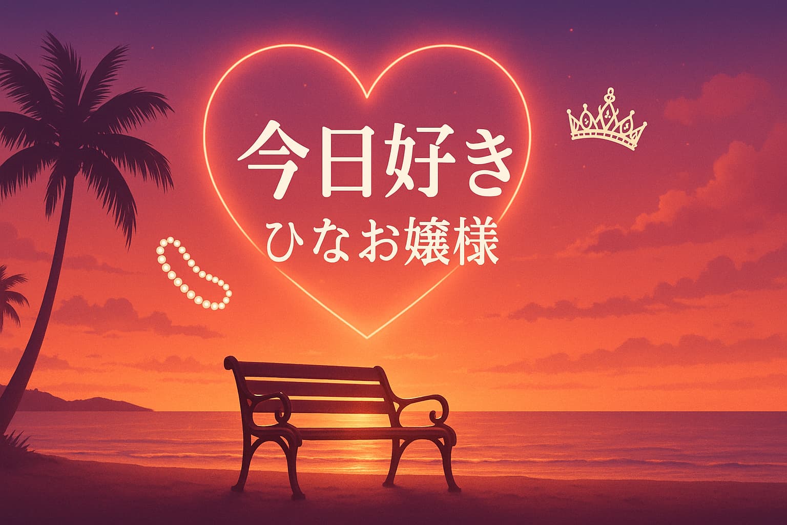『今日好き』で話題のひなお嬢様（長浜広奈）をイメージしたアイキャッチ画像。南国の夕暮れビーチにハートとティアラのモチーフが浮かび、お嬢様キャラの清楚な雰囲気と恋愛リアリティショーの世界観を表現している。