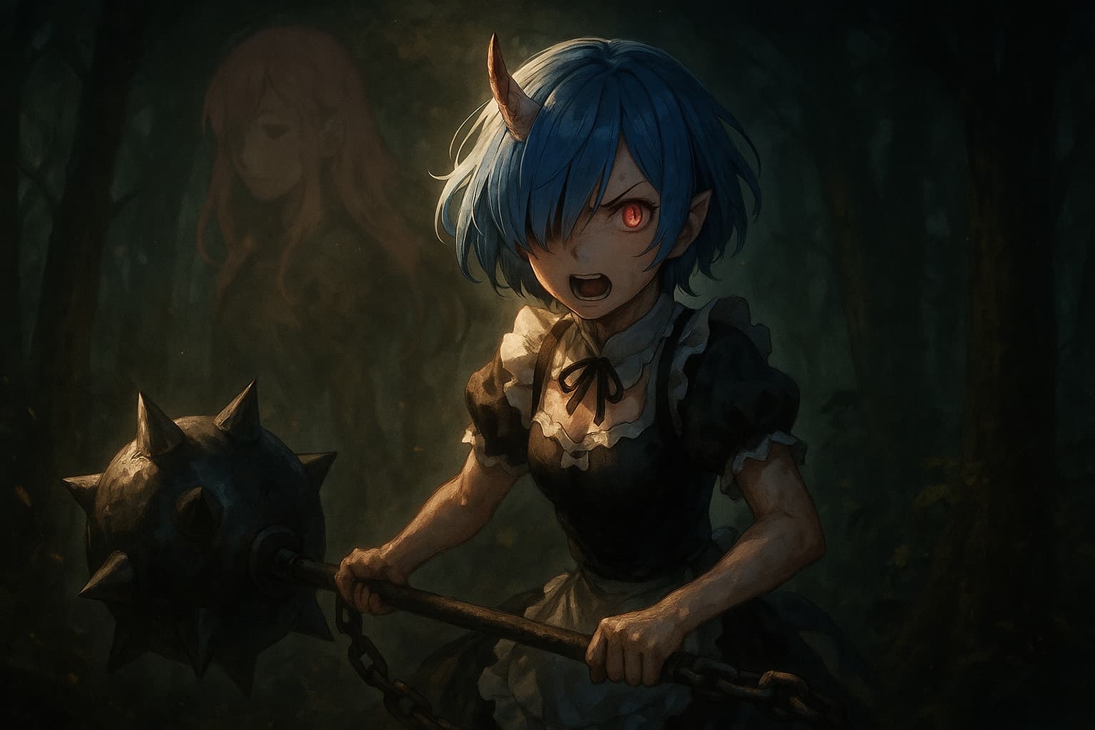 異世界の森の中で、角を生やして鬼化した青髪の少女が、大きな鉄球を構えながら立っている。背後にはぼんやりと姉のような人物の影。感情が高ぶる表情。ダークファンタジー調。光と影のコントラストが強く、切なさと力強さが混ざった雰囲気。